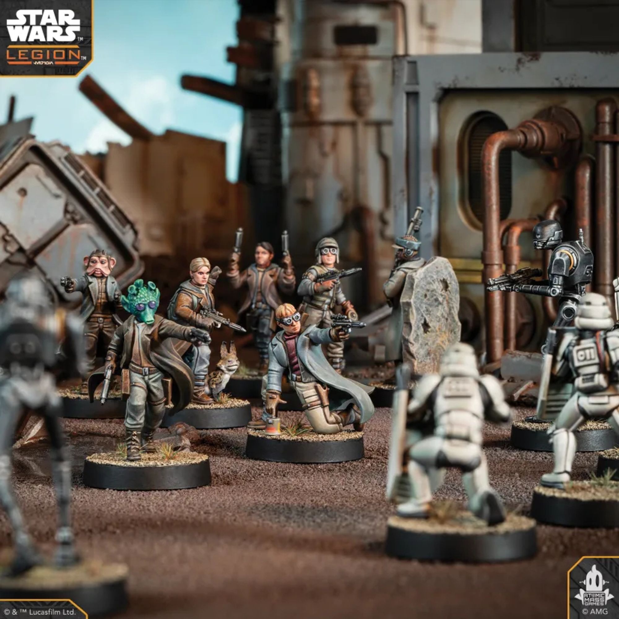 Painted Star Wars: Legion miniatures are set up in a detailed urban battlefield scene. Characters, including various aliens and droids, are engaged in a standoff with stormtroopers, capturing the dynamic and immersive essence of Star Wars warfare.