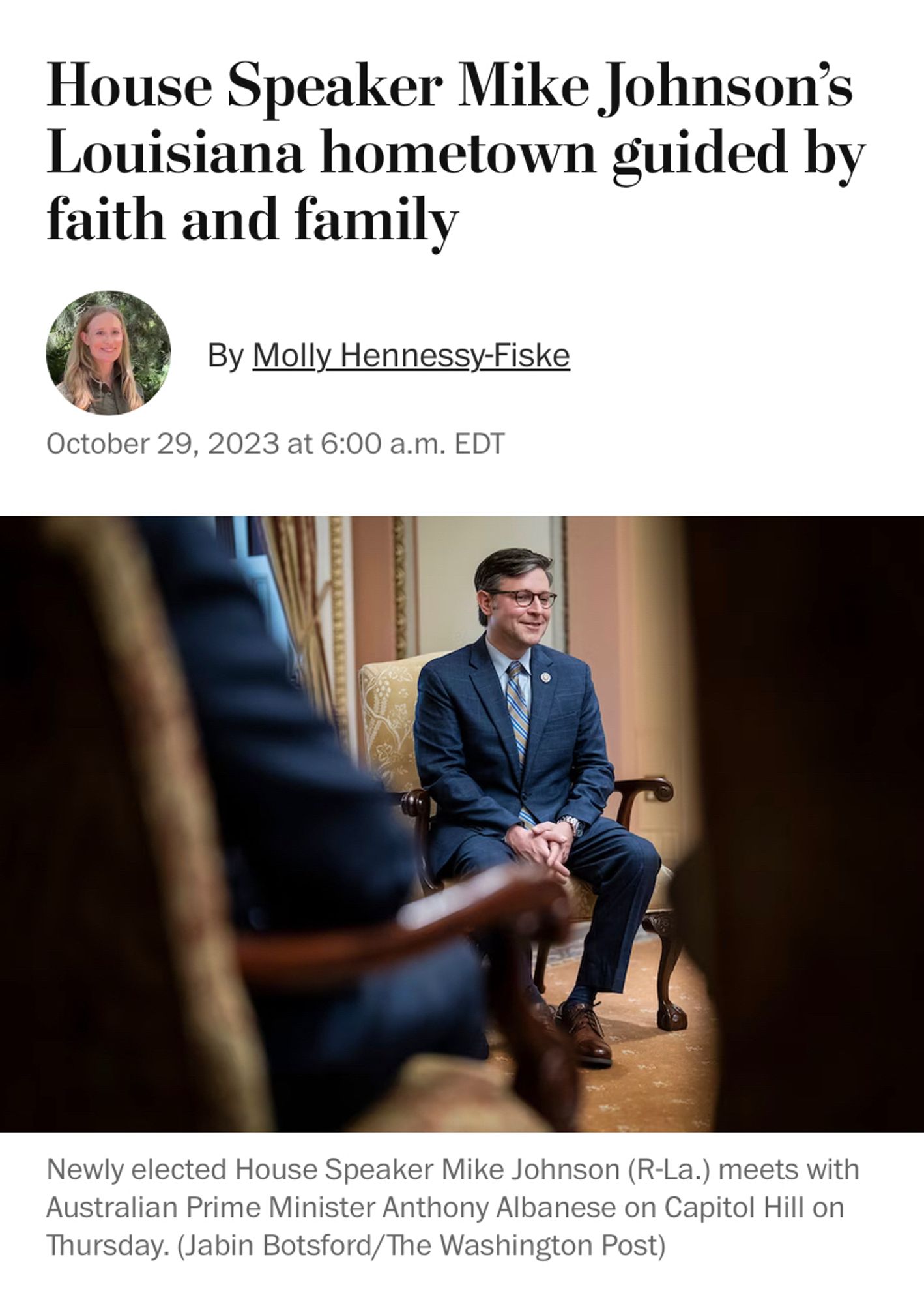 Screenshot of a Washington Post piece published on Oct. 29, titled: “House Speaker Mike Johnson’s Louisiana hometown guided by faith and family.”