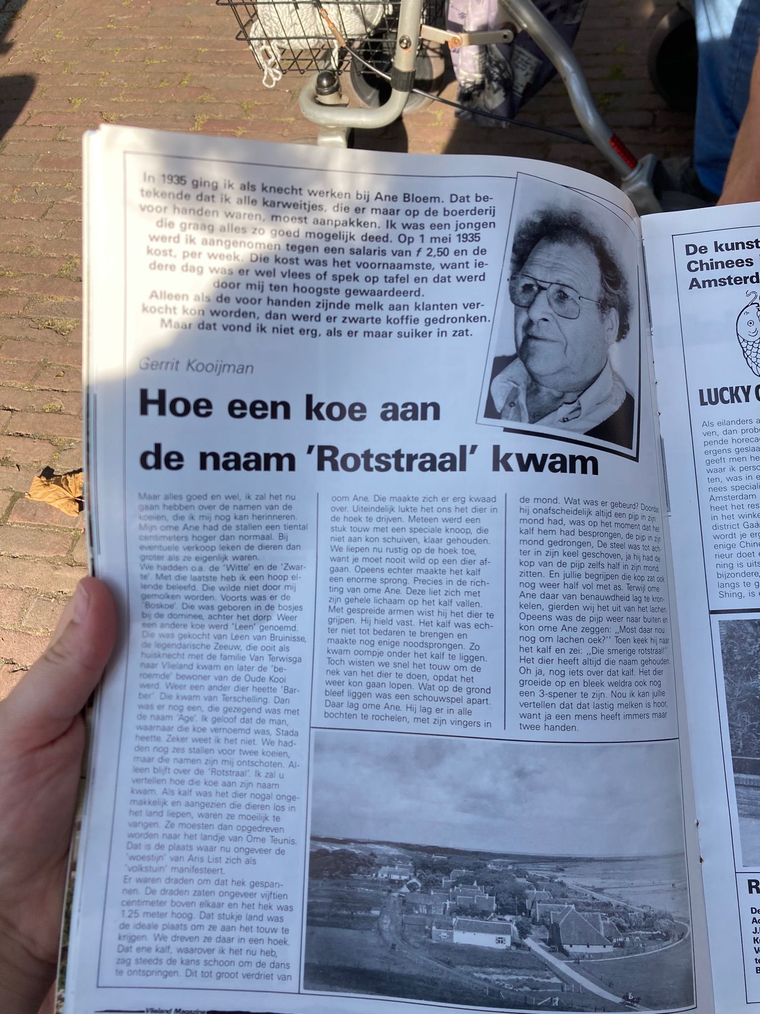 Artikel in magazine met de titel “Hoe een koe aan de naam ‘Rotstraal’ kwam” met een foto van een oudere man met grote bril. Geschreven door Gerrit Kooijman