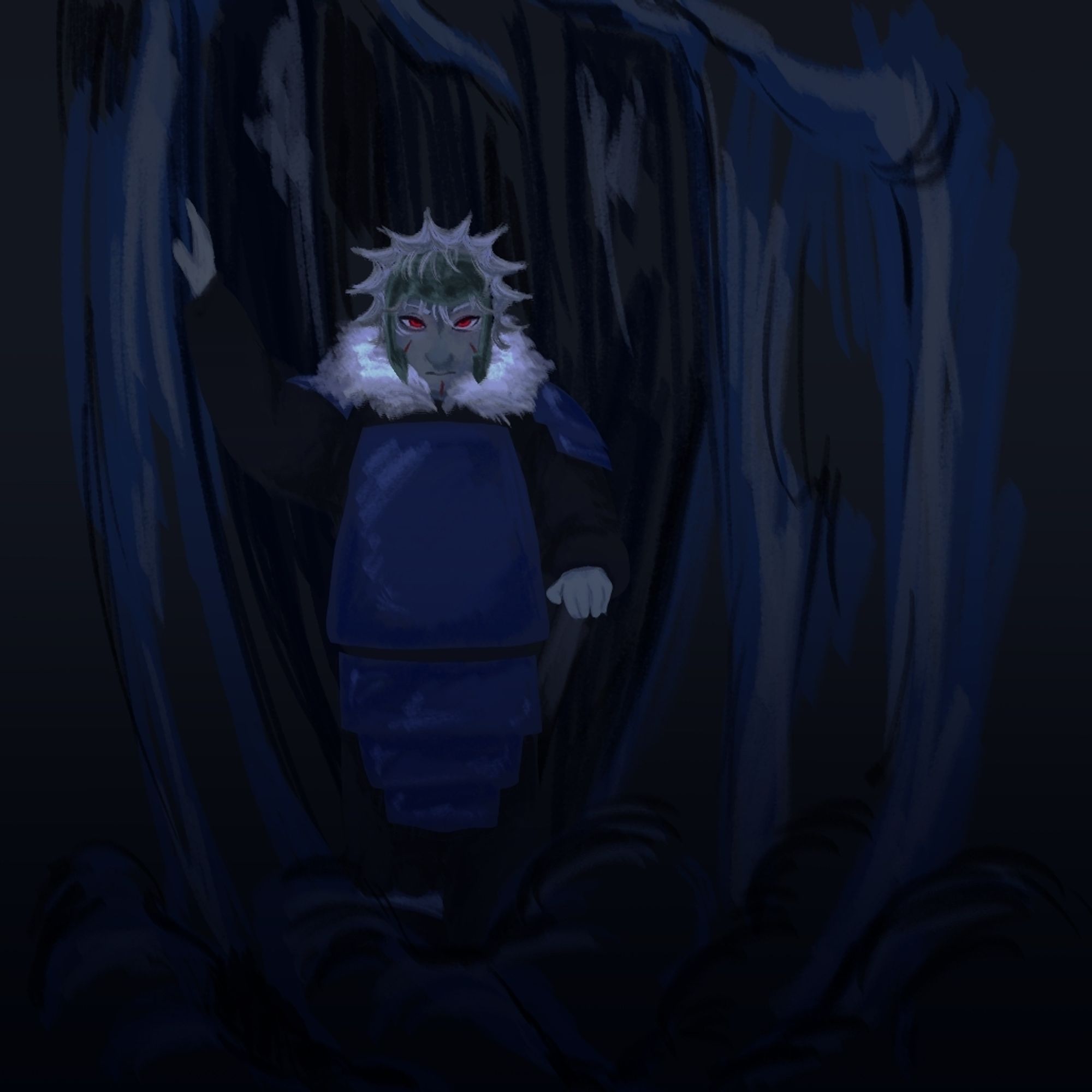 Tobirama Senju no meio de uma floresta escura.