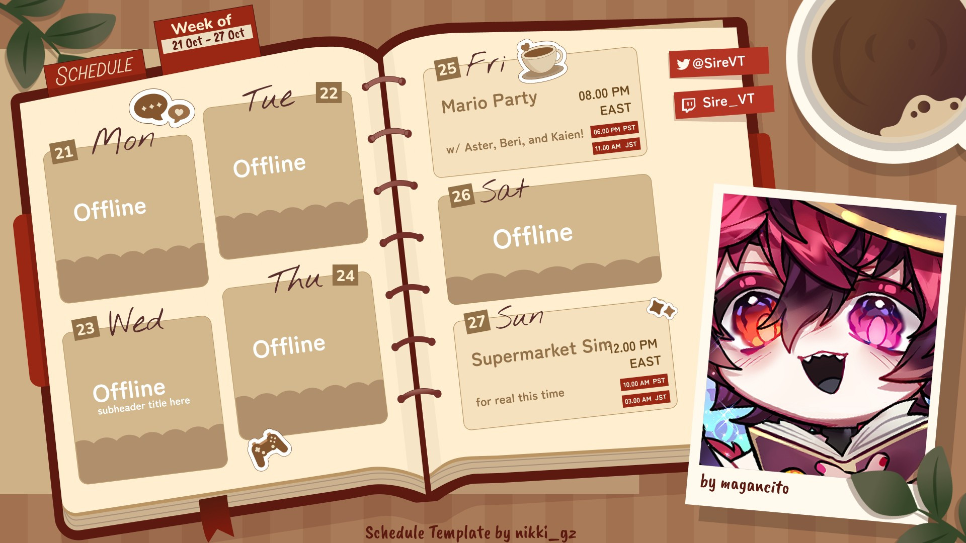 A VTuber schedule for the week of October 21st, 2024. It's a calendar of the week and notes that there will be two streams within this week, Friday and Sunday. Friday's stream is at 8 pm EST (text: Friday, Mario Party, w/ Aster, Beri, and Kaien! 8 pm EST, 6 pm PST, 11 am JST), while Sunday's stream is at 12 pm EST (text: Sunday, Supermarket Simulator, for real this time, 12 pm EST, 10 am PST, 3 am JST).

Schedule template is by nikki_gz, and art used for this week is by magancito.