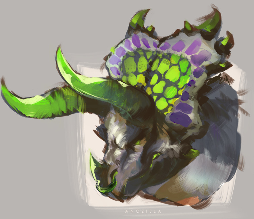 A bustshot doodle painting of a black-white coahuilaceratops with neon green horn tips and green and purple spots. She also wears a super epic neon green septum piercing