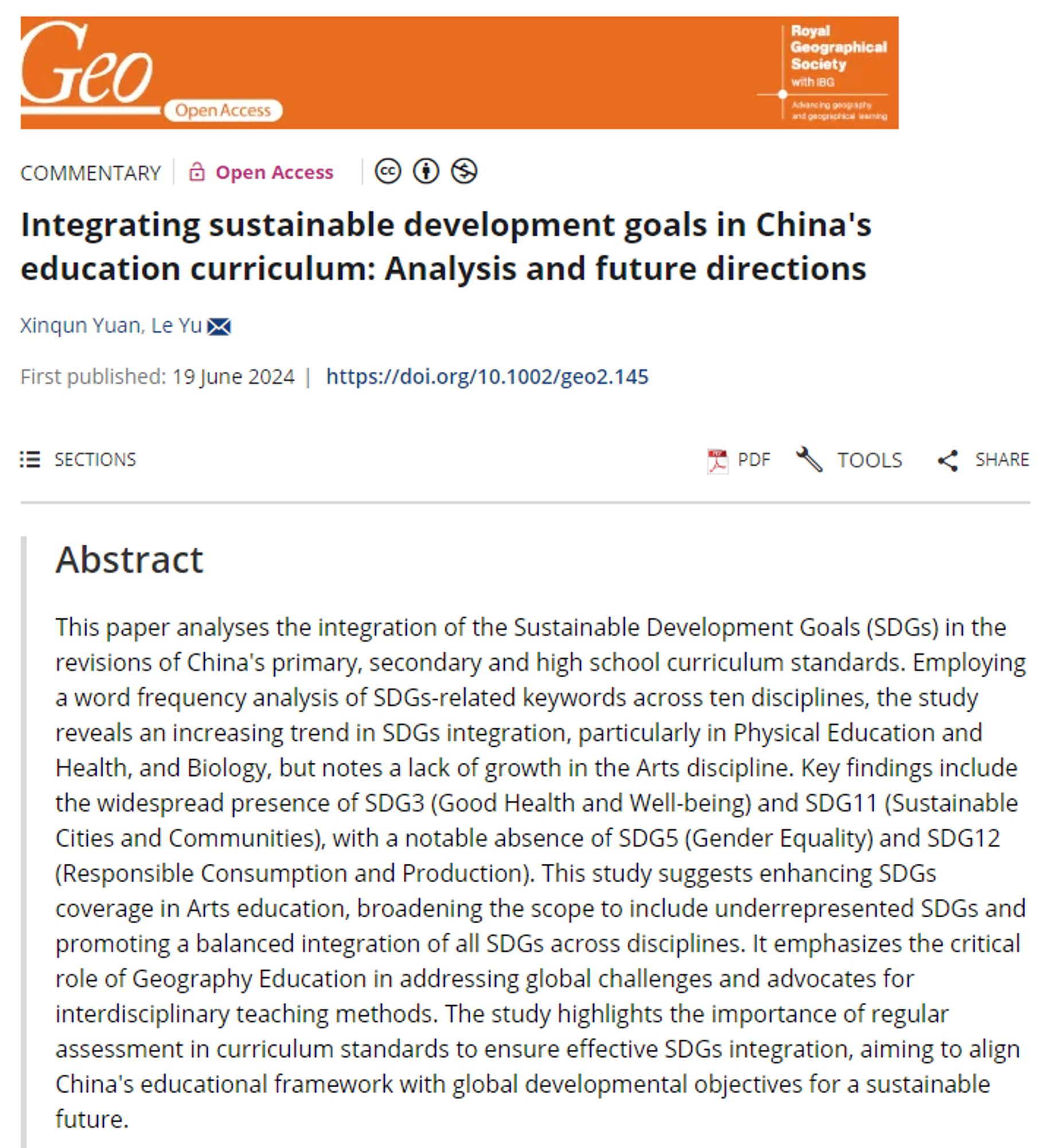 Screenshot of a commentary abstract in Geo: Geography and Environment by Xinqun Yuan & Le Yu (2024) entitled 'Integrating sustainable development goals in China's education curriculum: Analysis and future directions' with an orange banner at the top.