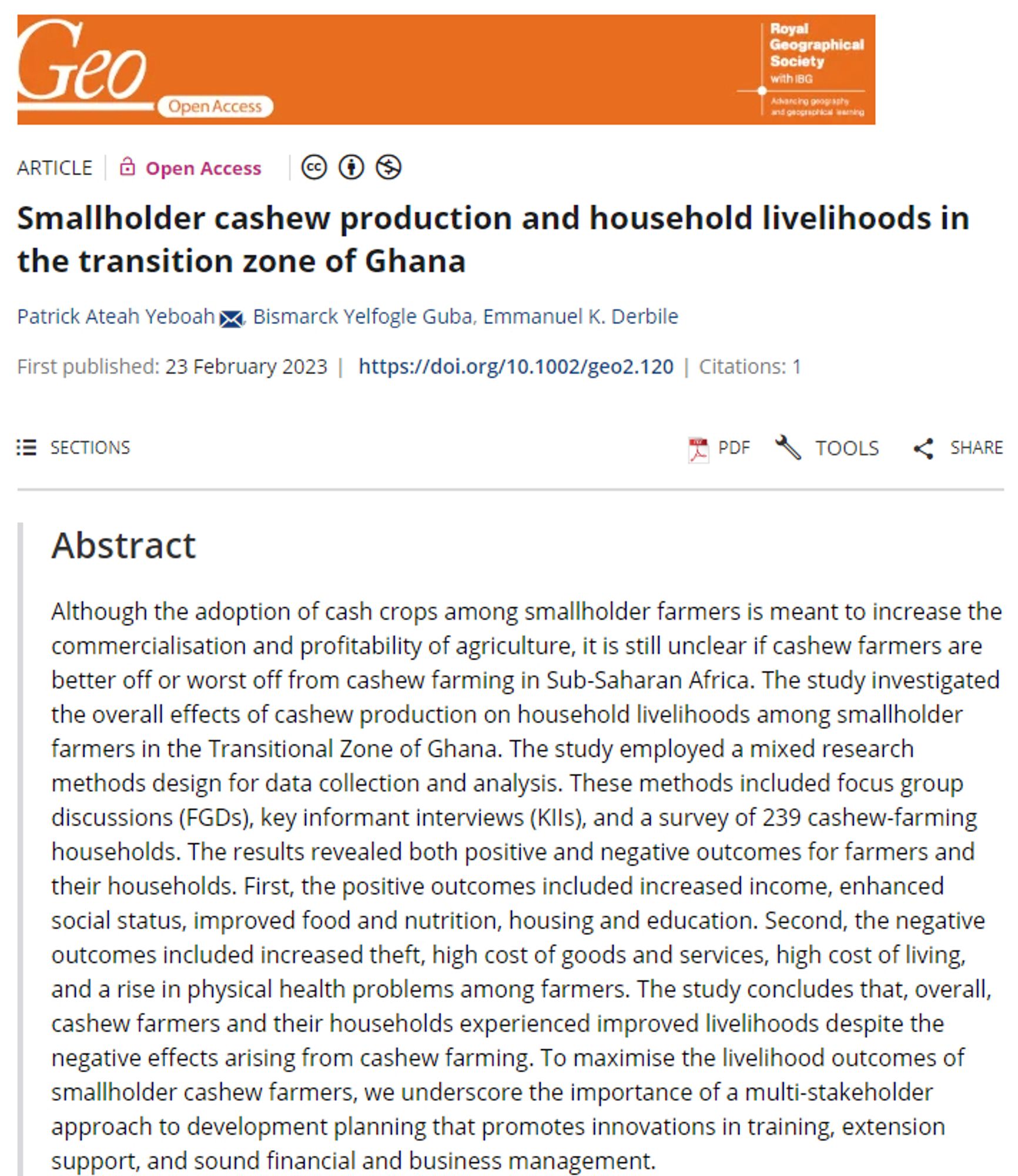 Screenshot of a paper abstract in Geo: Geography and Environment entitled 'Smallholder cashew production and household livelihoods in the transition zone of Ghana'