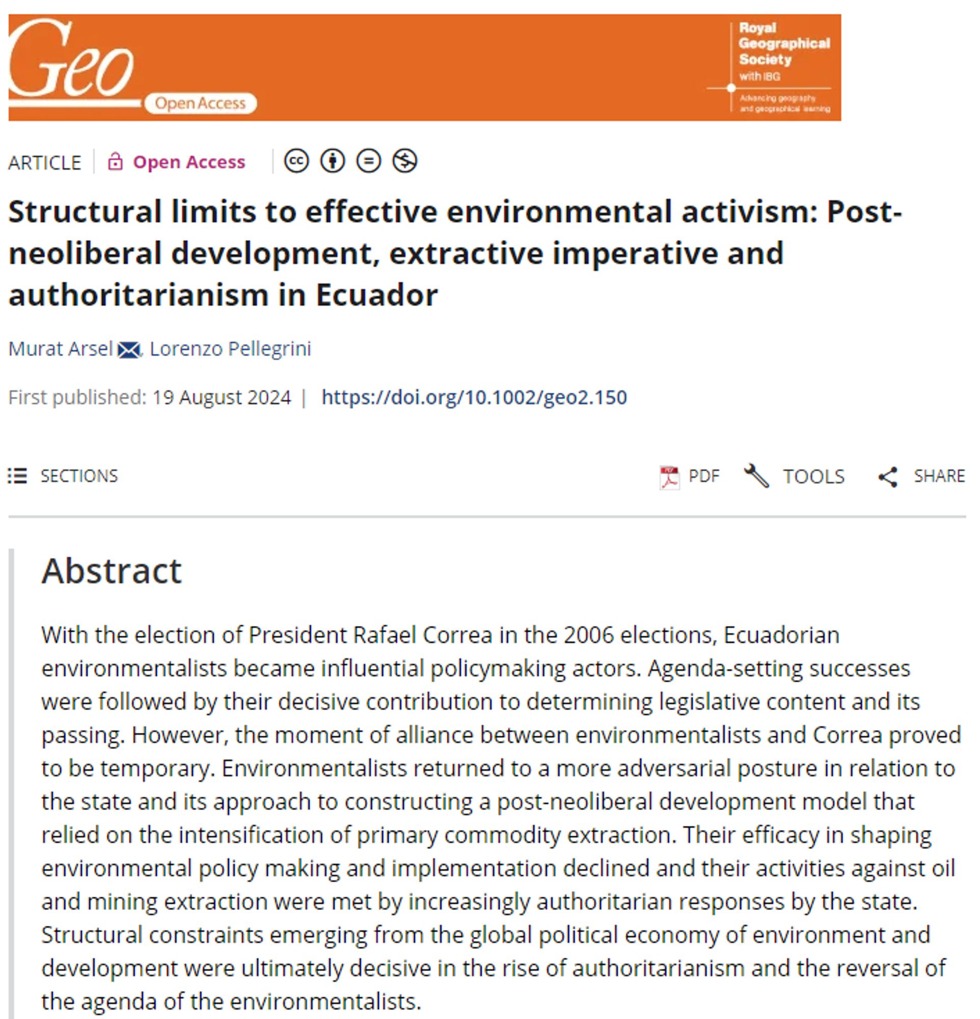 Screenshot of a paper abstract in Geo: Geography and Environment by Murat Arsel and Lorenzo Pellegrini (2024) entitled 'Structural limits to effective environmental activism: Post-neoliberal development, extractive imperative and authoritarianism in Ecuador' with an orange banner at the top.