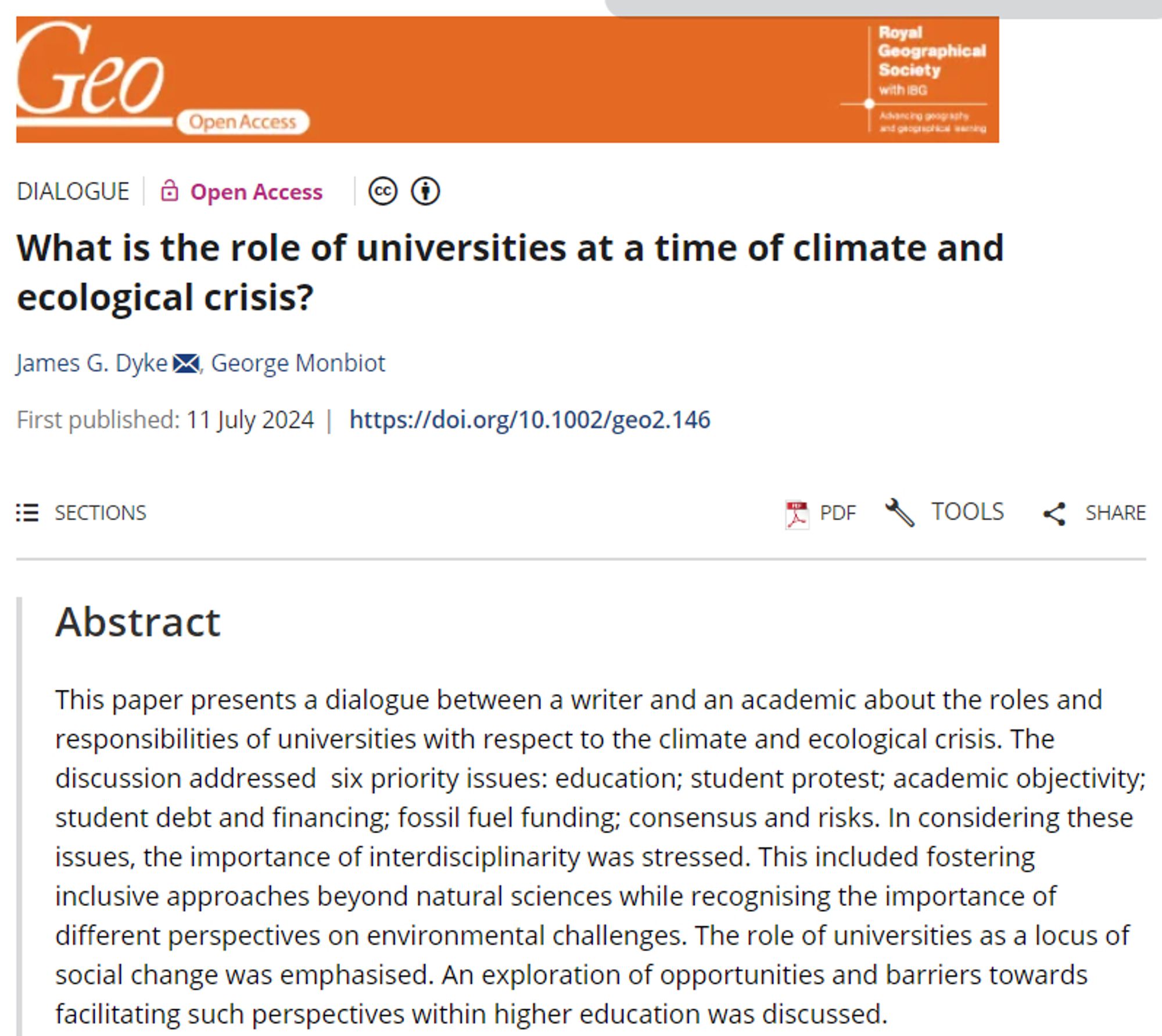 Screenshot of a paper abstract in Geo: Geography and Environment by James G. Dyke & George Monbiot (2024) entitled 'What is the role of universities at a time of climate and ecological crisis?' with an orange banner at the top.