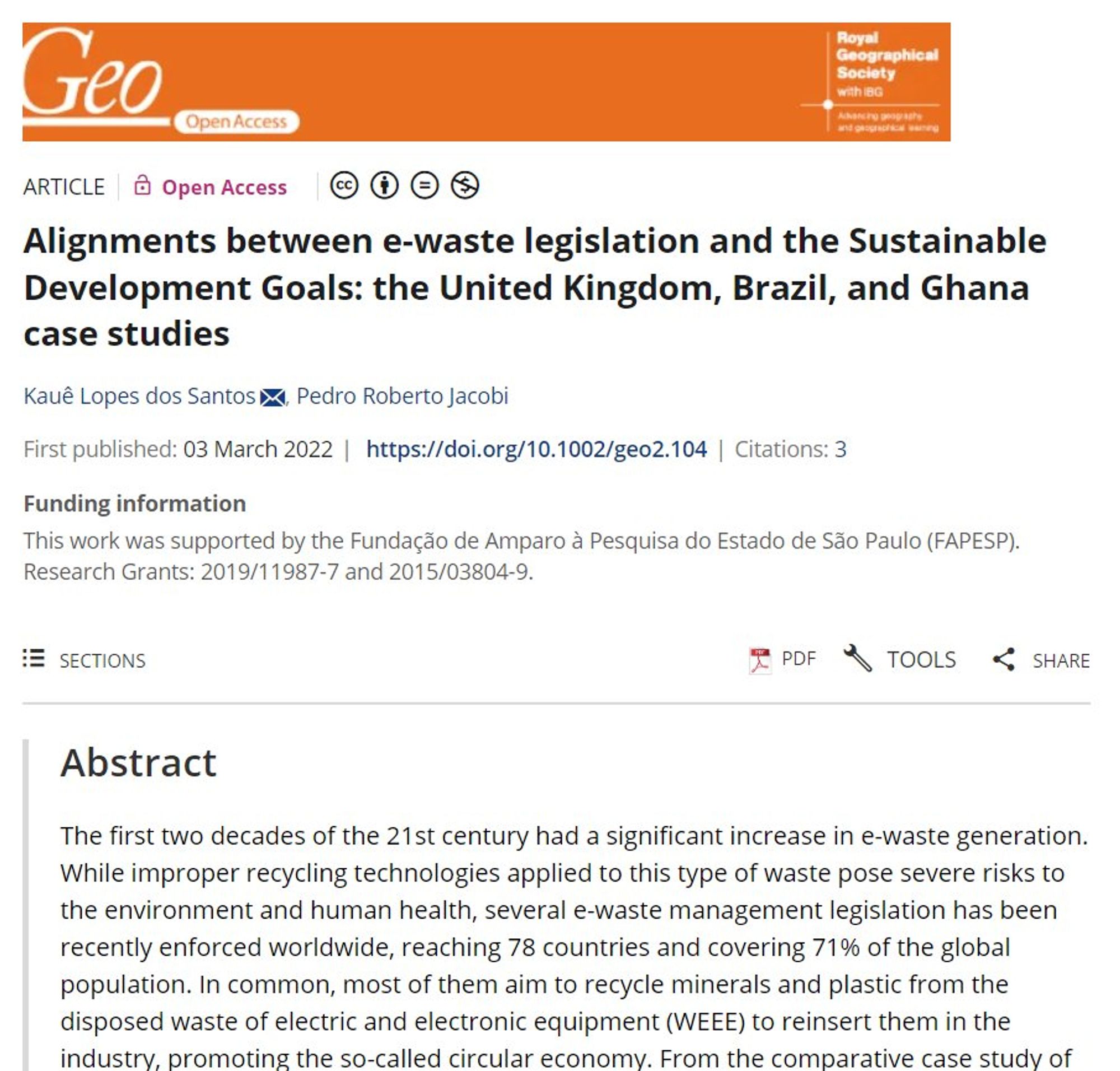 Screenshot of a paper abstract in Geo: Geography and Environment, entitled 'Alignments between e-waste legislation and the Sustainable Development Goals: the United Kingdom, Brazil, and Ghana case studies'.