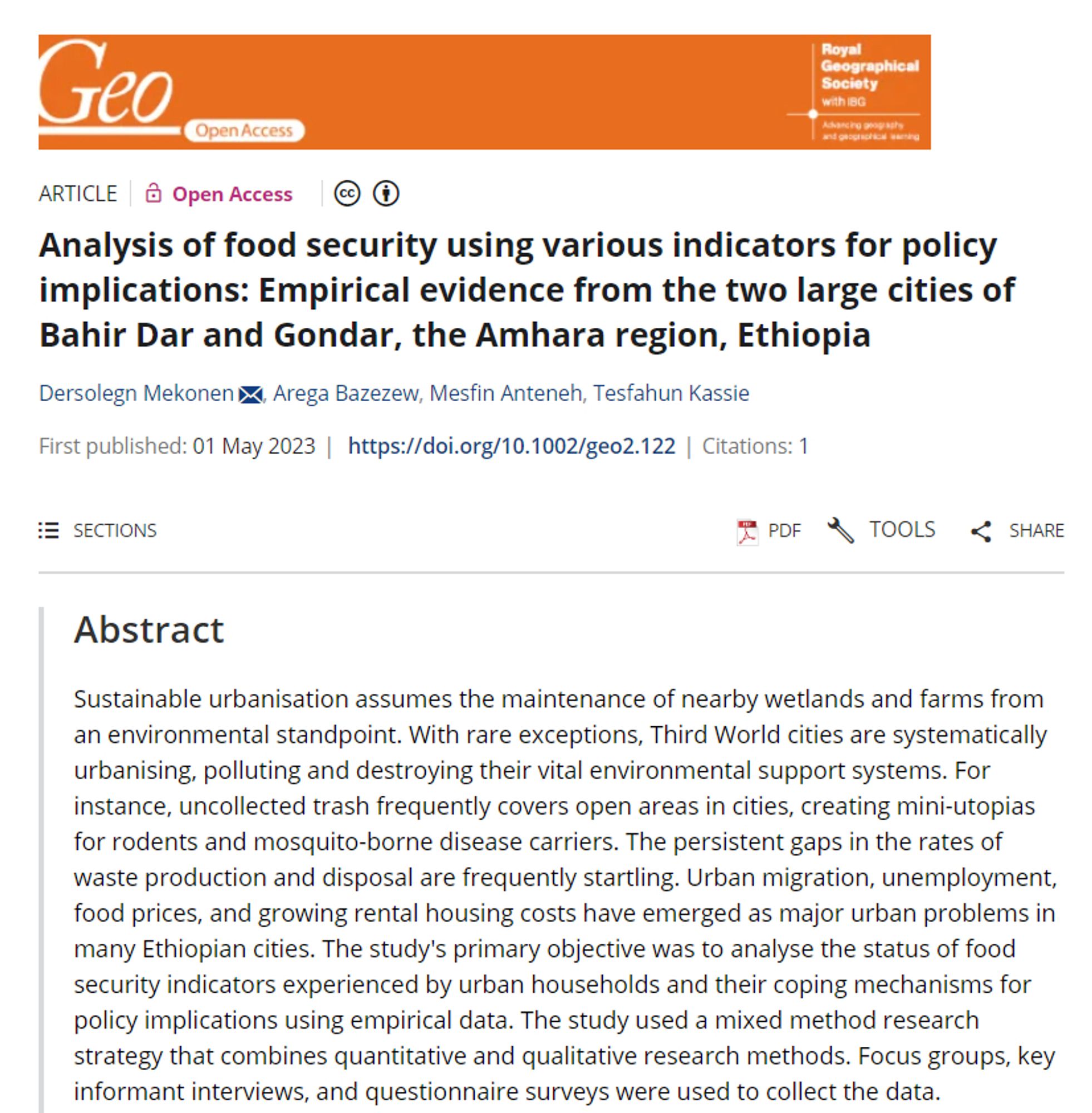 Screenshot of a paper abstract in Geo: Geography and Environment entitled 'Analysis of food security using various indicators for policy implications: Empirical evidence from the two large cities of Bahir Dar and Gondar, the Amhara region, Ethiopia'.