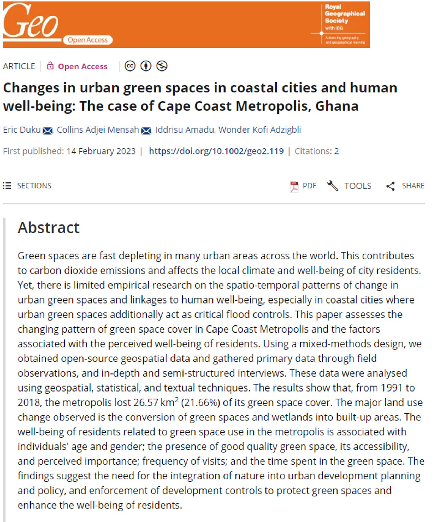 Screenshot of a paper abstract in Geo: Geography and Environment, entitled 'Changes in urban green spaces in coastal cities and human well-being: The case of Cape Coast Metropolis, Ghana'