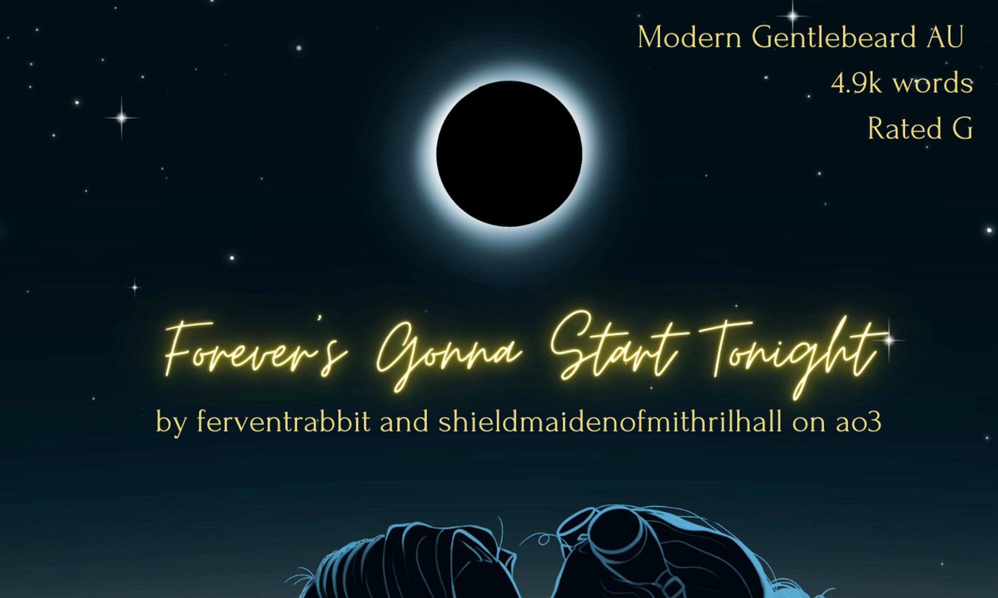 Image title card for a fanfic. 
Text:
Modern Gentlebeard AU
4.9k words
Rated G
Title: Forever's Gonna Start Tonight
by ferventrabbit and shieldmaidenofmithrilhall on ao3

Image: an illustration of Ed and Stede kissing under the total solar eclipse. We just see the tops of their heads; Ed is wearing eclipse goggles on his head that make him look like a Victorian dirigble pilot.