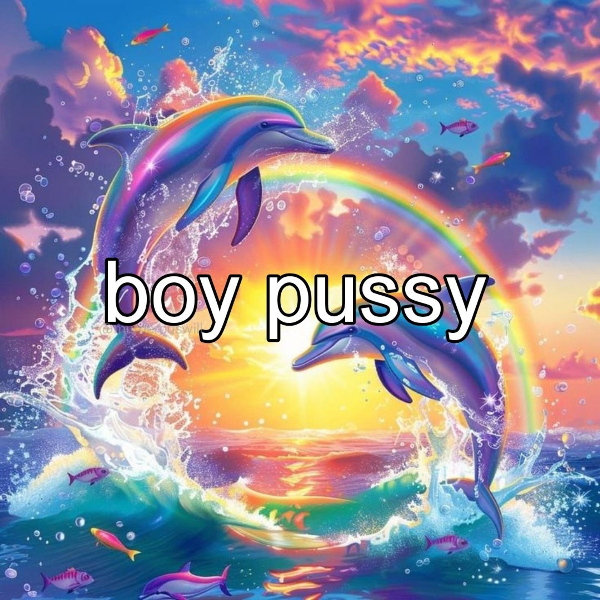 Technicolor hopecore art of iridescent dolphins jumping out of the ocean in front of a rainbow with the caption "boy pussy"