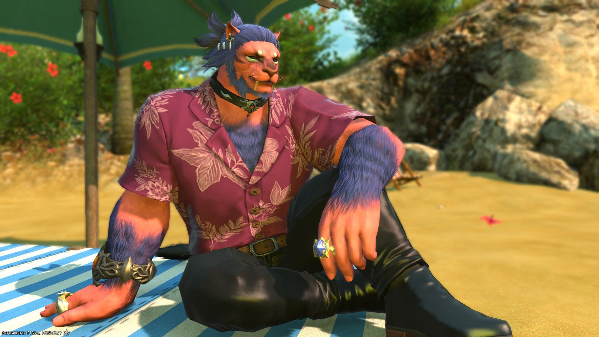 Screenshot of my salmon and cerulean colored Hrothgar from critically acclaimed MMORPG FFXIV wearing a maroon floral shirt and black leather pants, sitting on a blanket on the beach