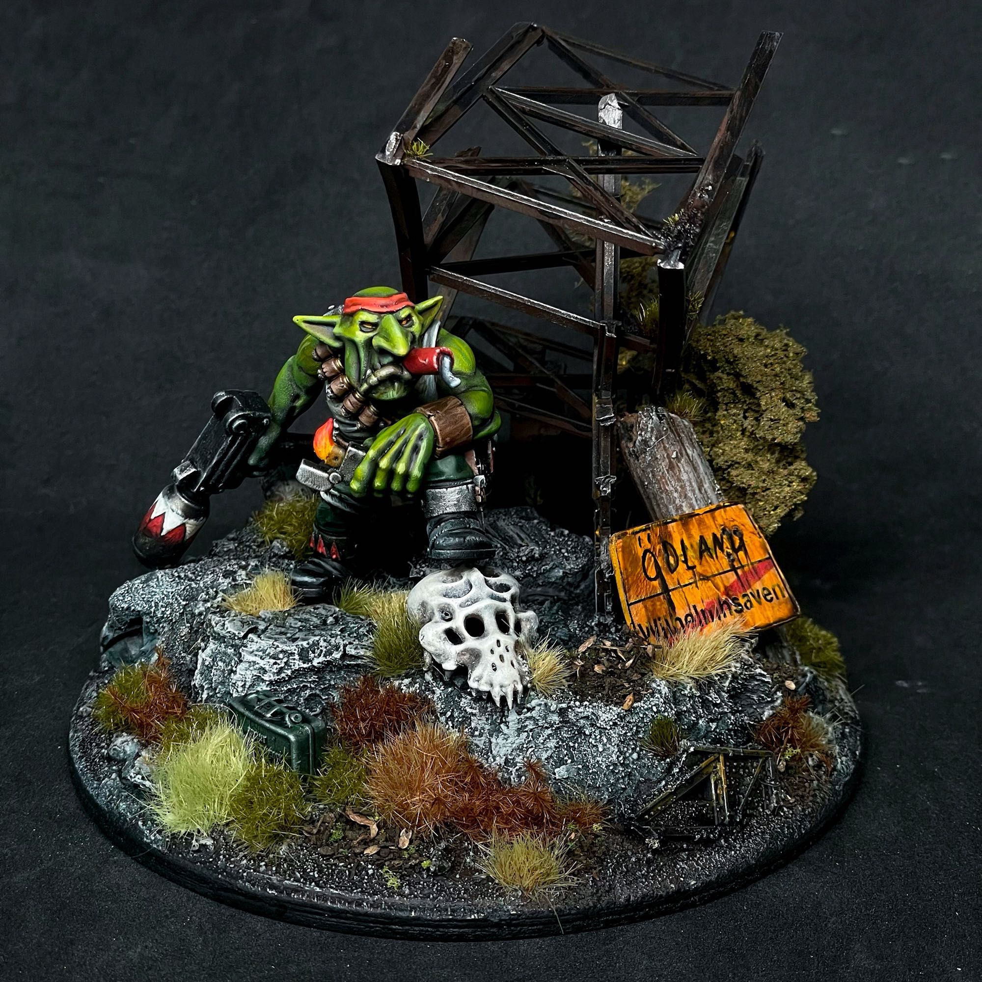 Slygob Goblin miniature on a fallout themed base.