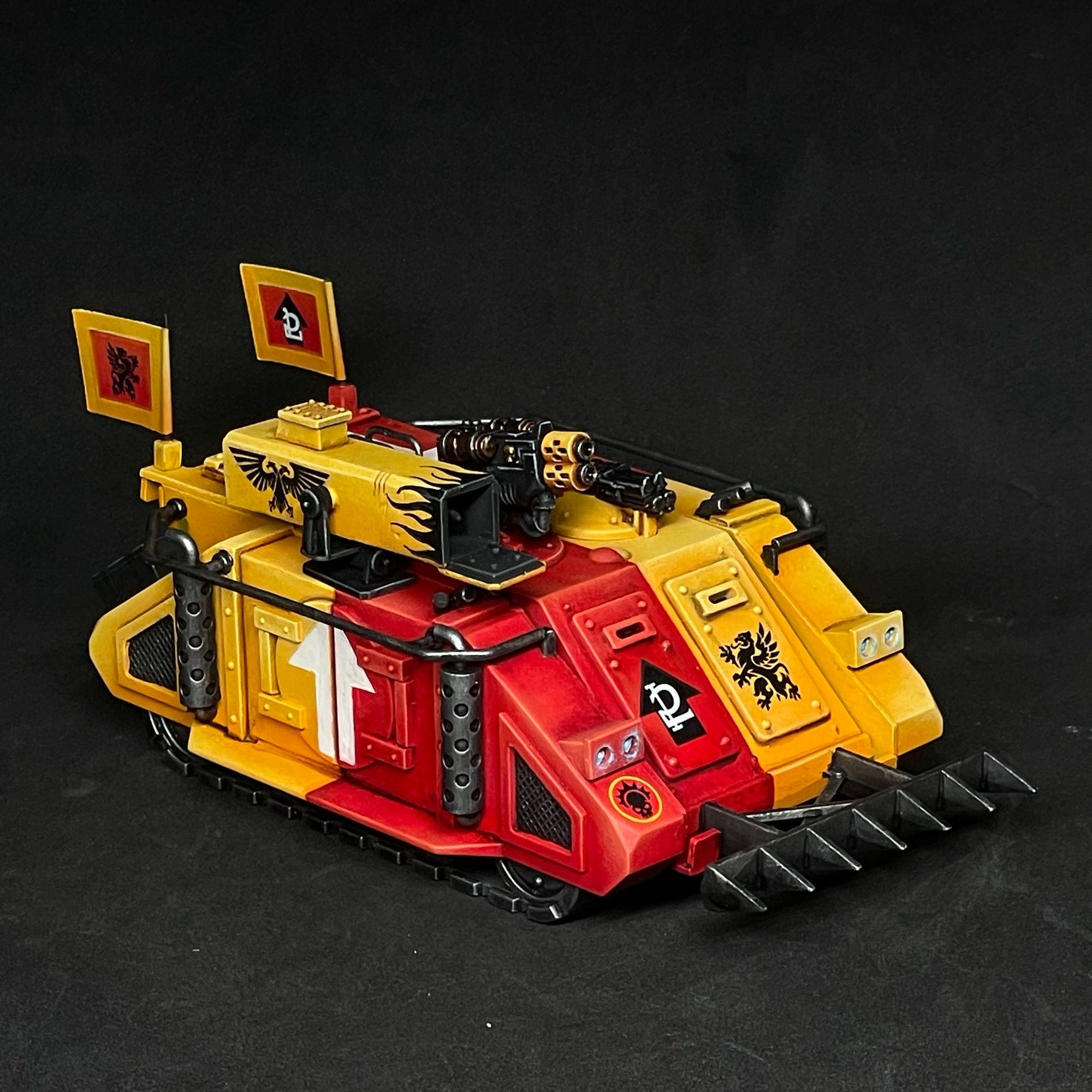 Oldhammer Style Warhammer 40K Rhino painted in Howling Griffons colors.