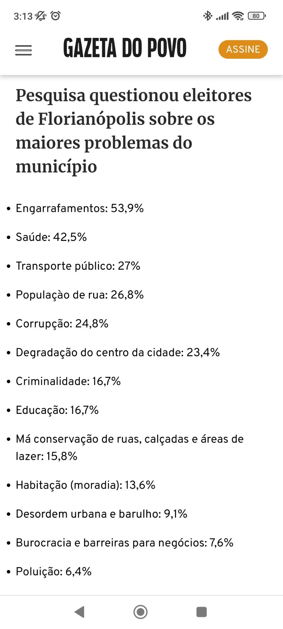 pesquisa AtlasIntel sobre a prefeitura de Florianópolis. Além da intenção de voto, eles também fizeram diversas perguntas aos cidadãos sobre a cidade, e a imagem mostra uma delas. O texto diz:

Pesquisa questionou eleitores de Florianópolis sobre o maiores problemas do município

. Engarrafamentos 53,9%
. Saúde 42,5%
. Transporte público 27%
. População de rua 26,8%
. Corrupção 24,8%
. Degradação do centro da cidade 23,4%
. Criminalidade 16,7%
. Educação 16,7%
. Má conservação de ruas, calçadas e áreas de lazer 15,8%
. Habitação (moradia) 13,6%
. Desordem urbana e barulho 9,1%
. Burocracia e barreiras para negócios 7,6%
. Poluição 6,4%
. Limpeza urbana 3,6%