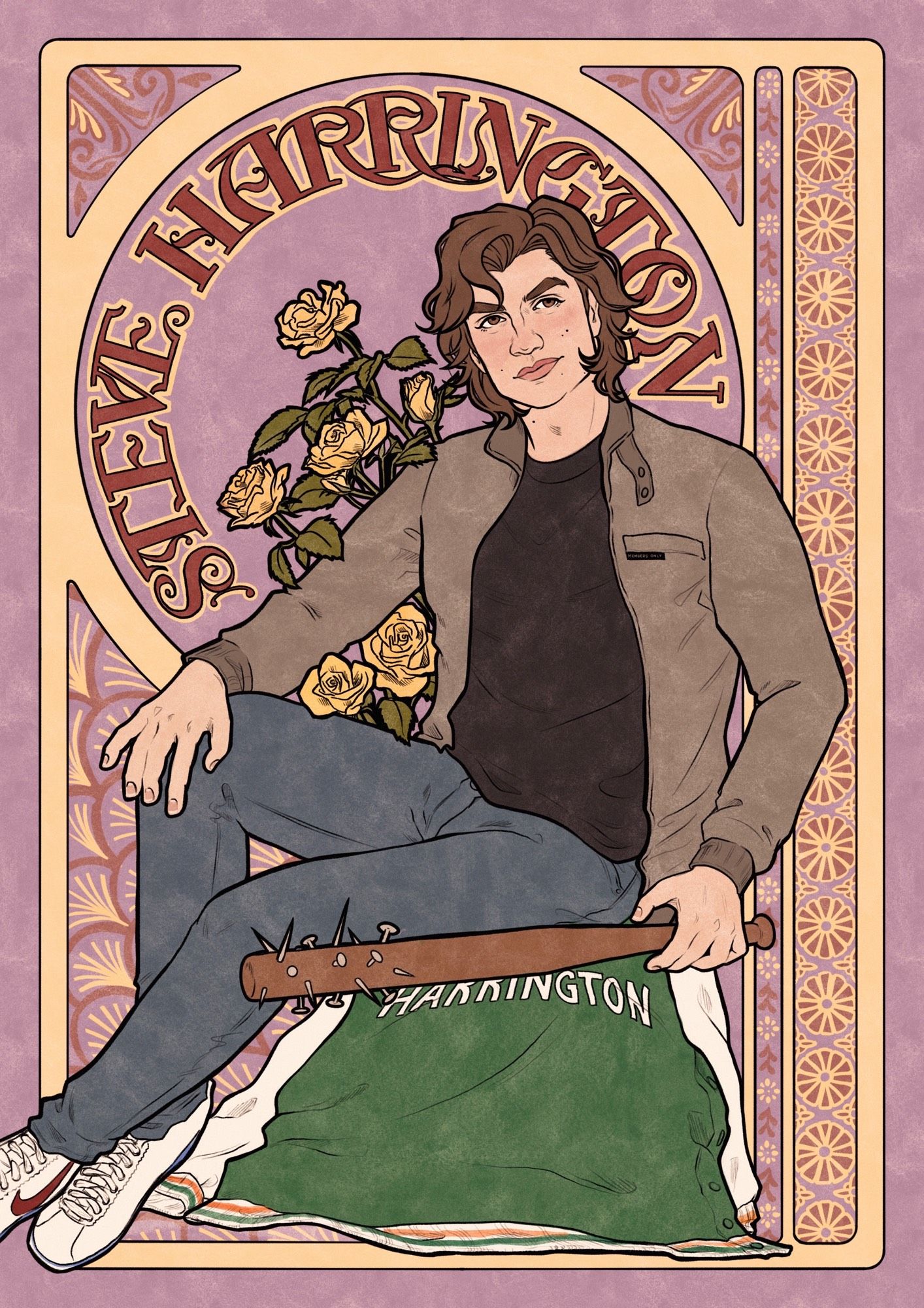 Steve Harrington from Stranger Things depicted in an art nouveau style. He sits side on with his torso turned towards the viewer. His right hand is resting lightly on his knee and in his left he holds a baseball bat with nails hammered through the larger end. He wears a grey jacket, black tee, jeans and white sneakers. There are yellow roses behind him, as well as art nouveau patterns and his name in a decorative font style.