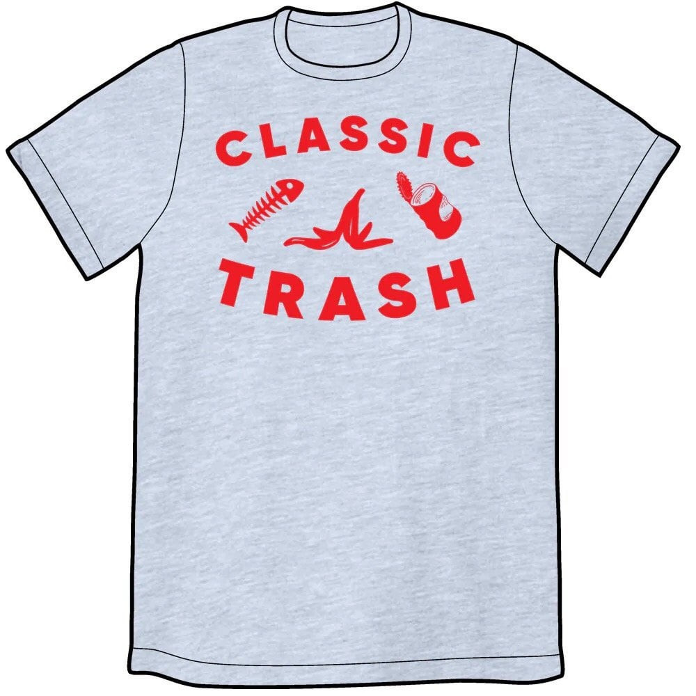 Mock up of a grey T-shirt with red text CLASSIC TRASH around a fish skeleton, a banana peel, and a tin can.