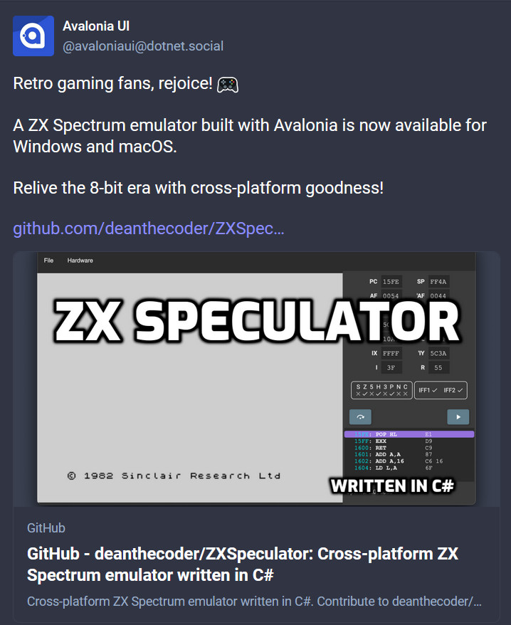 An image of a Mastodon post announcing ZX Speculator emulator being released.