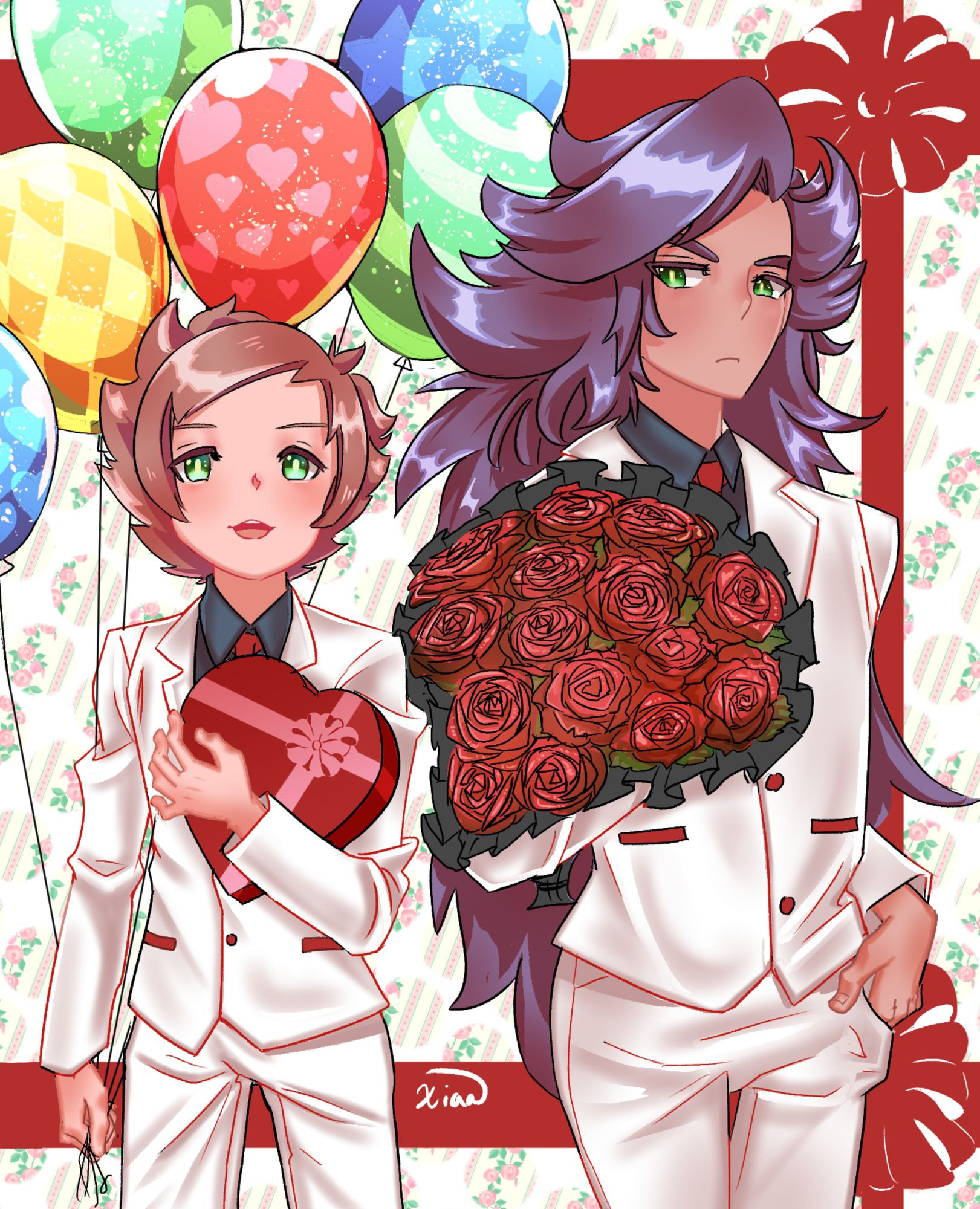 A JanYew illustration for white day, where Janne and Yew are wearing white tuxedos. Janne is holding a bouquet of roses, while Yew is holding balloons and a box of chocolates