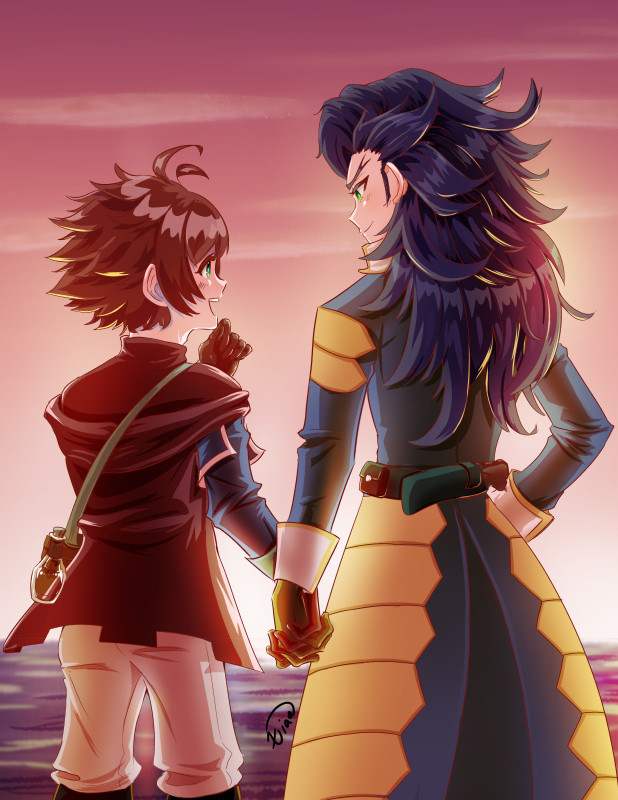 Janne and Yew holding hands at a sunset.