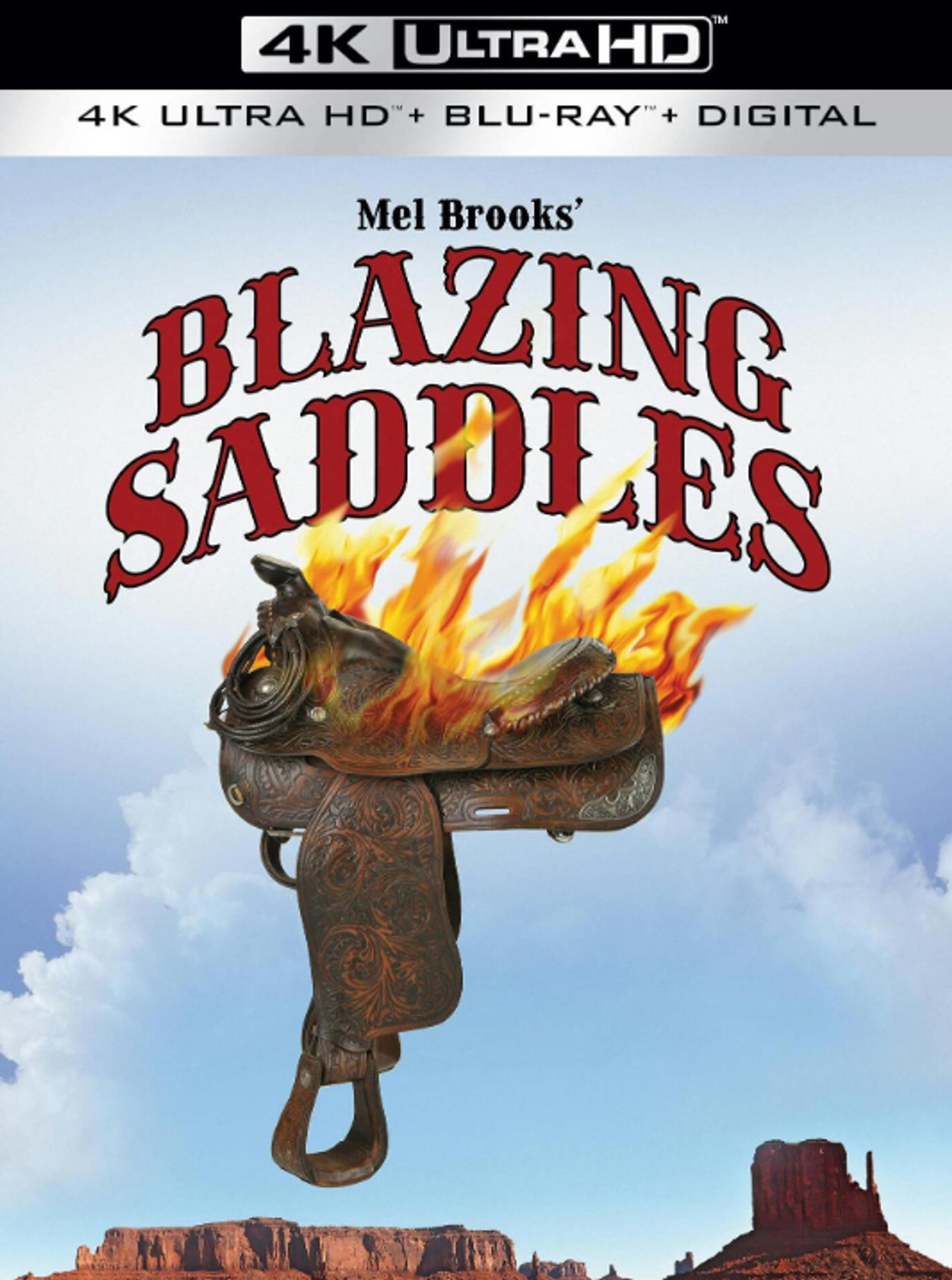 This is a picture of the 4k bluray edition of Blazing Saddles featuring, of all things, a saddle on fire.