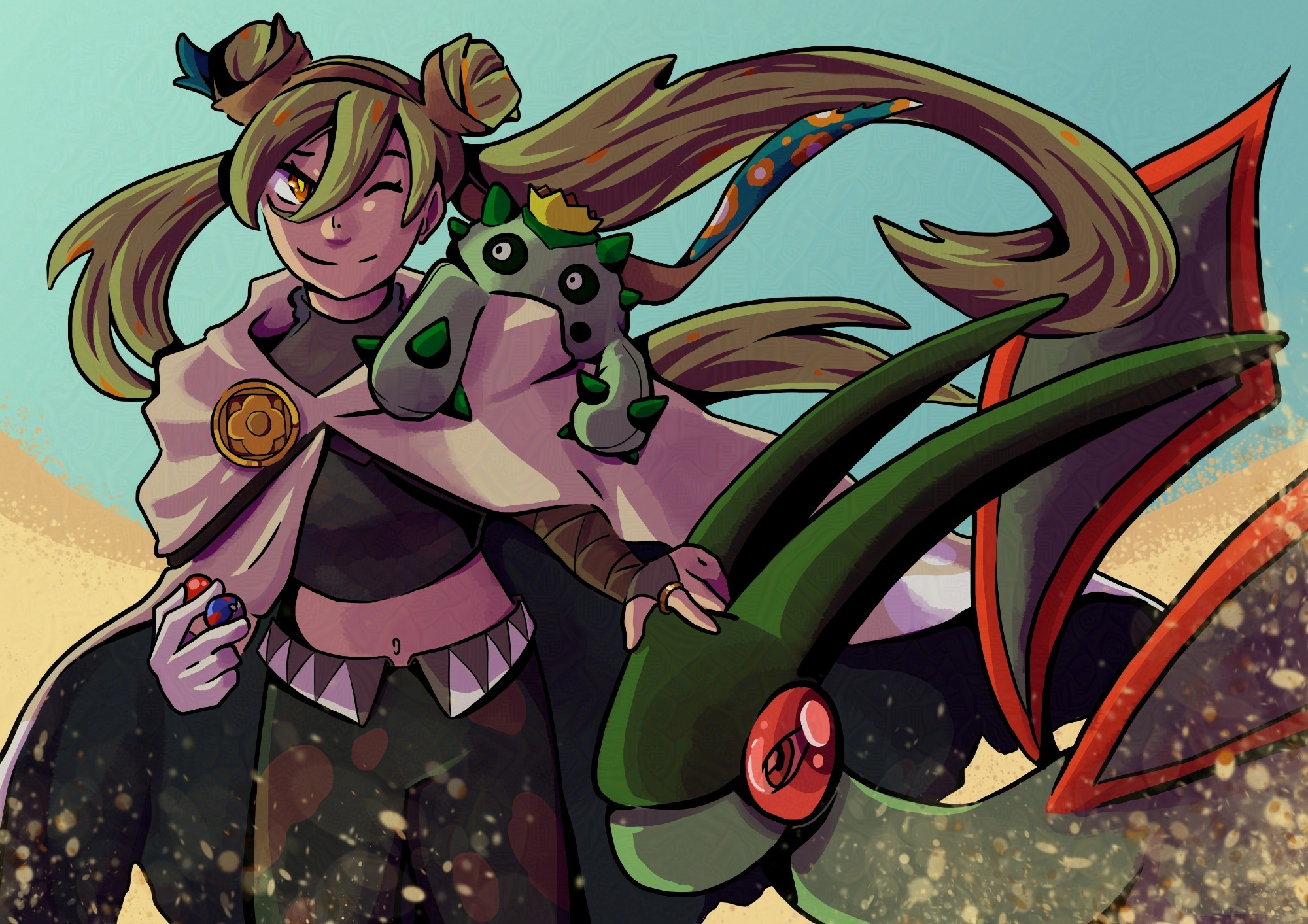 A digital drawing of Hatsune Miku Ground type trainer with a Flygon at her left and a Cacnea on her left shoulder.
She's petting her Flygon with one hand and holding a pokeball and a super ball in the other. The wind in blowing her hair and sand.