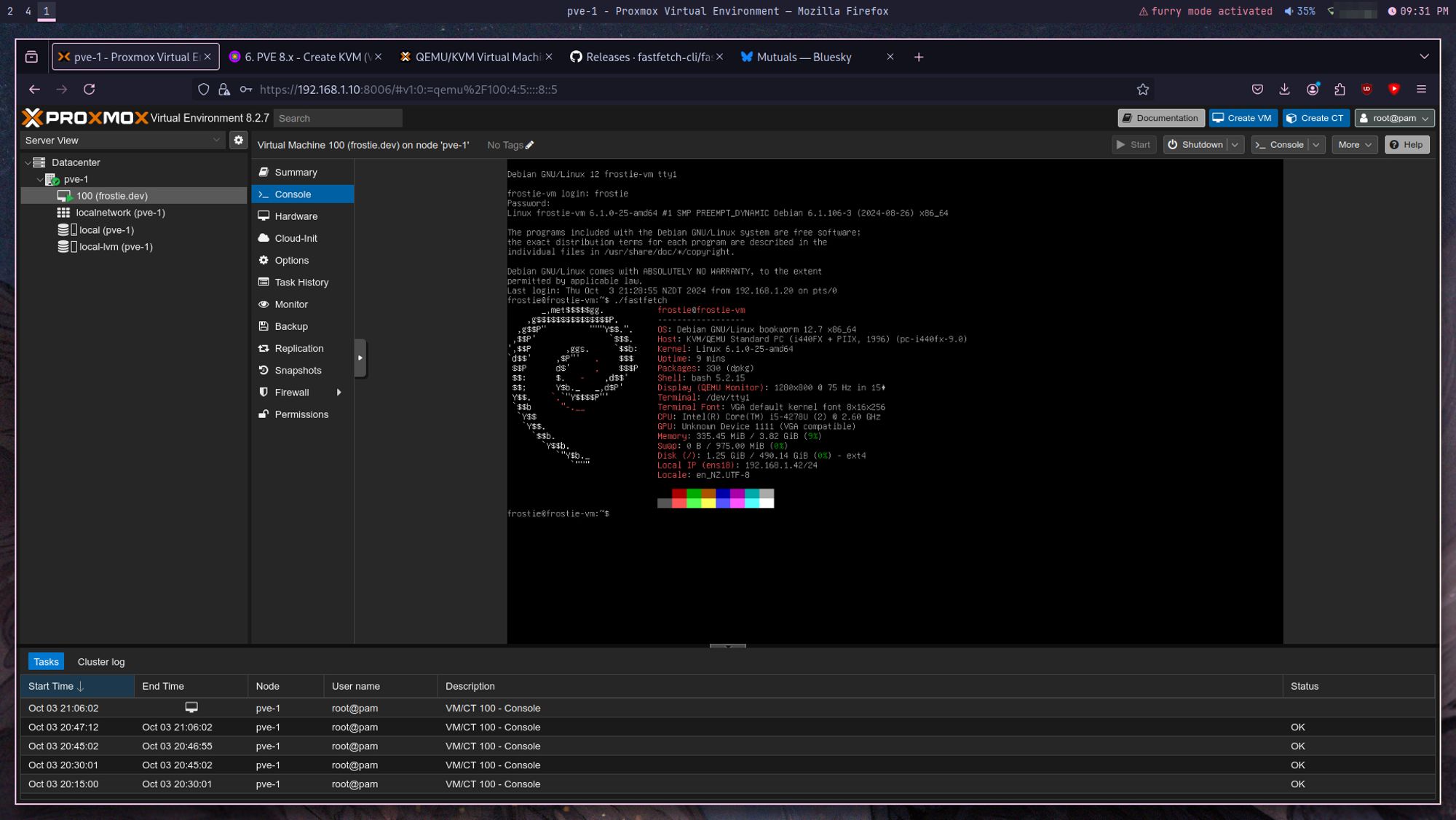 screenshot of debian linux running inside of a proxmox virtual machine. fastfetch is displayed on the terminal.