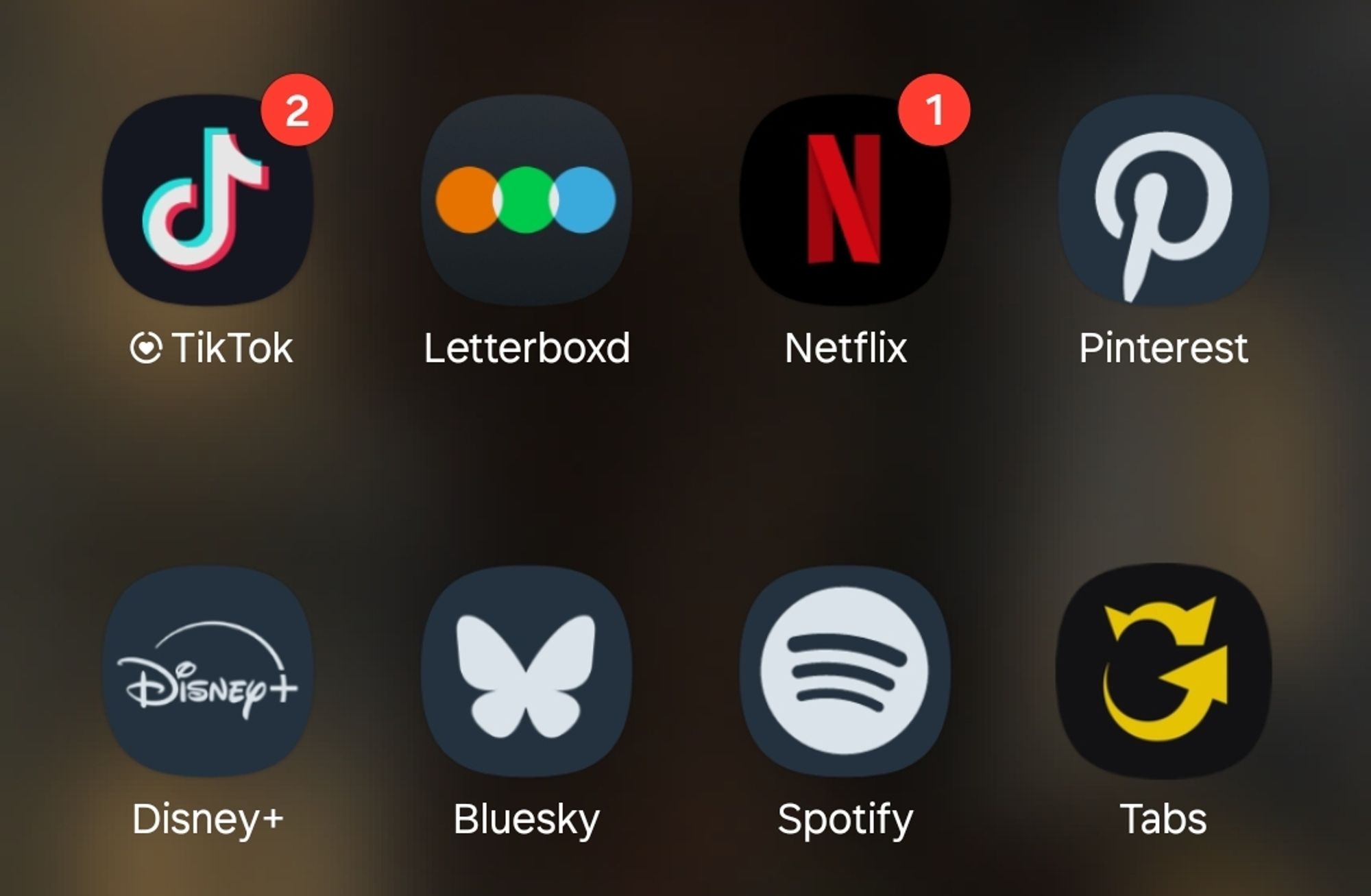 Tik tok, letterboxd, Netflix, pinterest, disney+, bluesky, Spotify e tabs