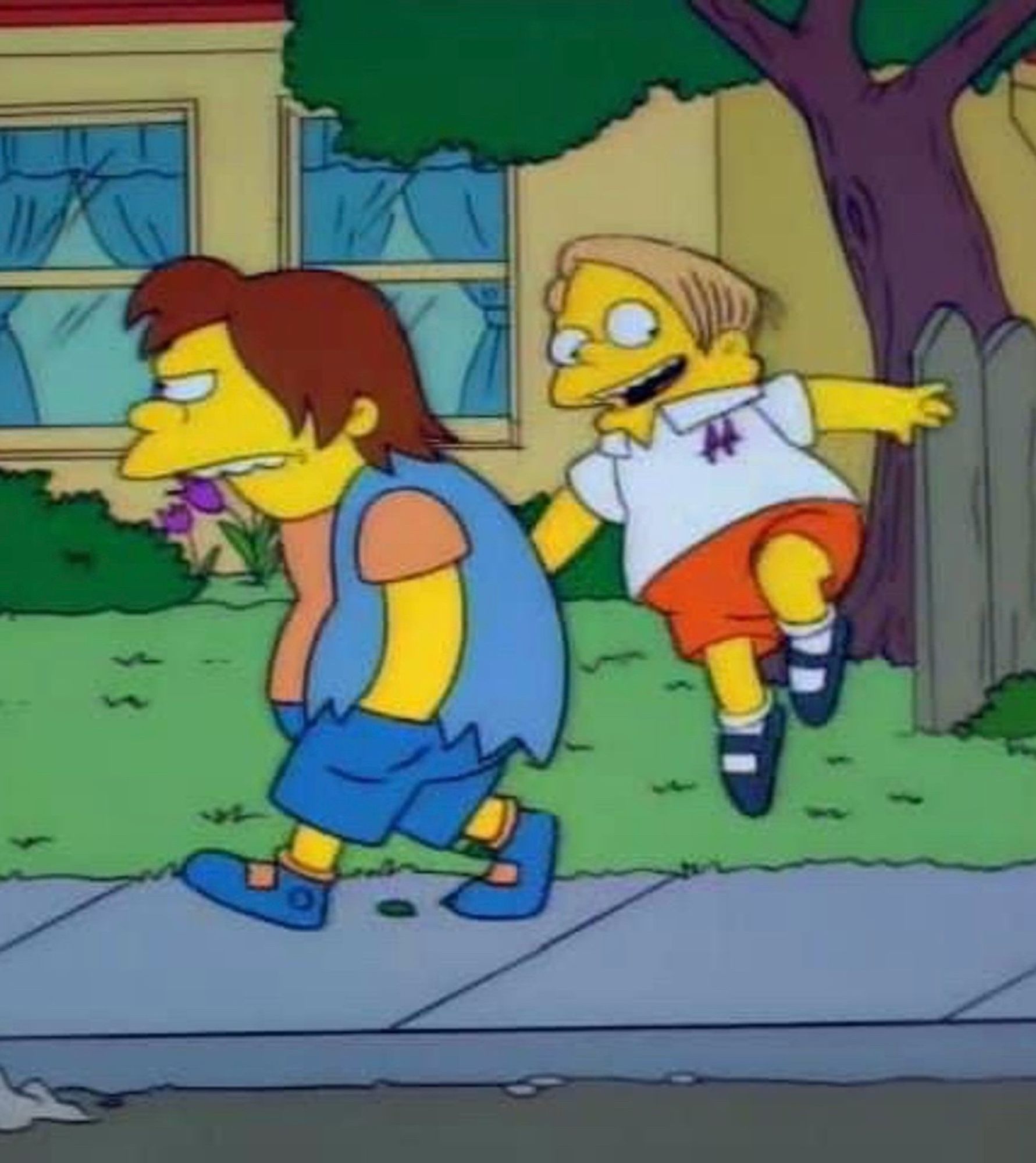 Nelson grumpily walking a Springfield sidewalk while Martin leaps happily behind him