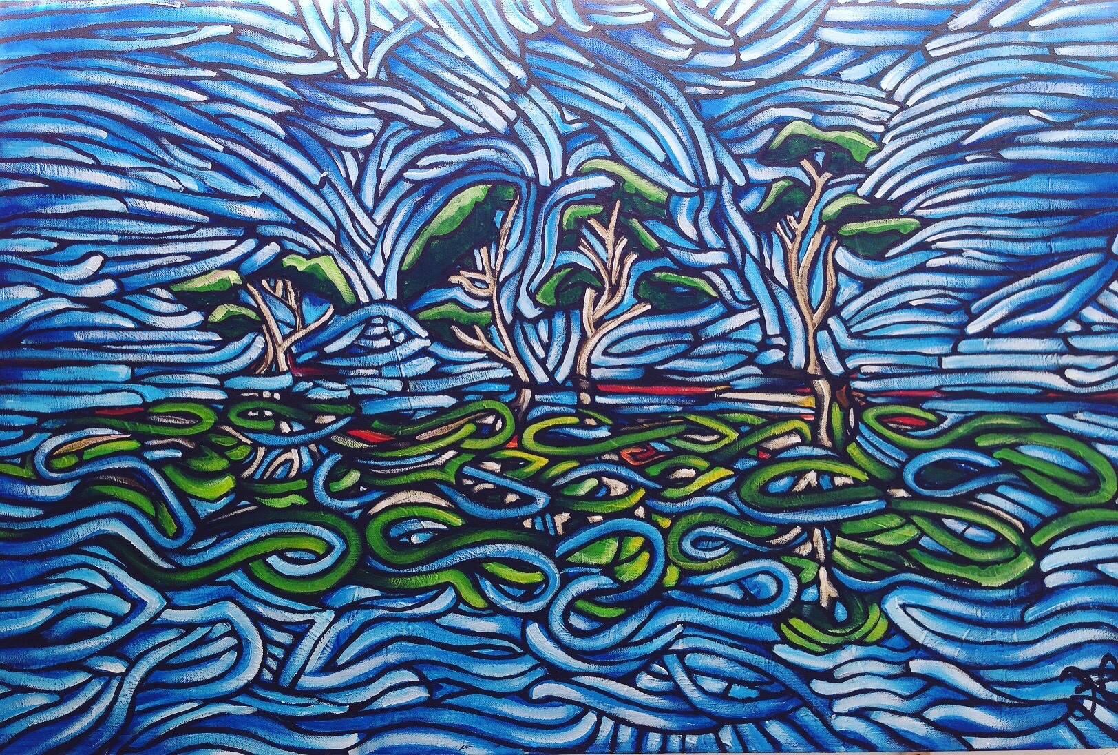 Mangrove trees reflected in the water. Acrylic on canvas painting. 