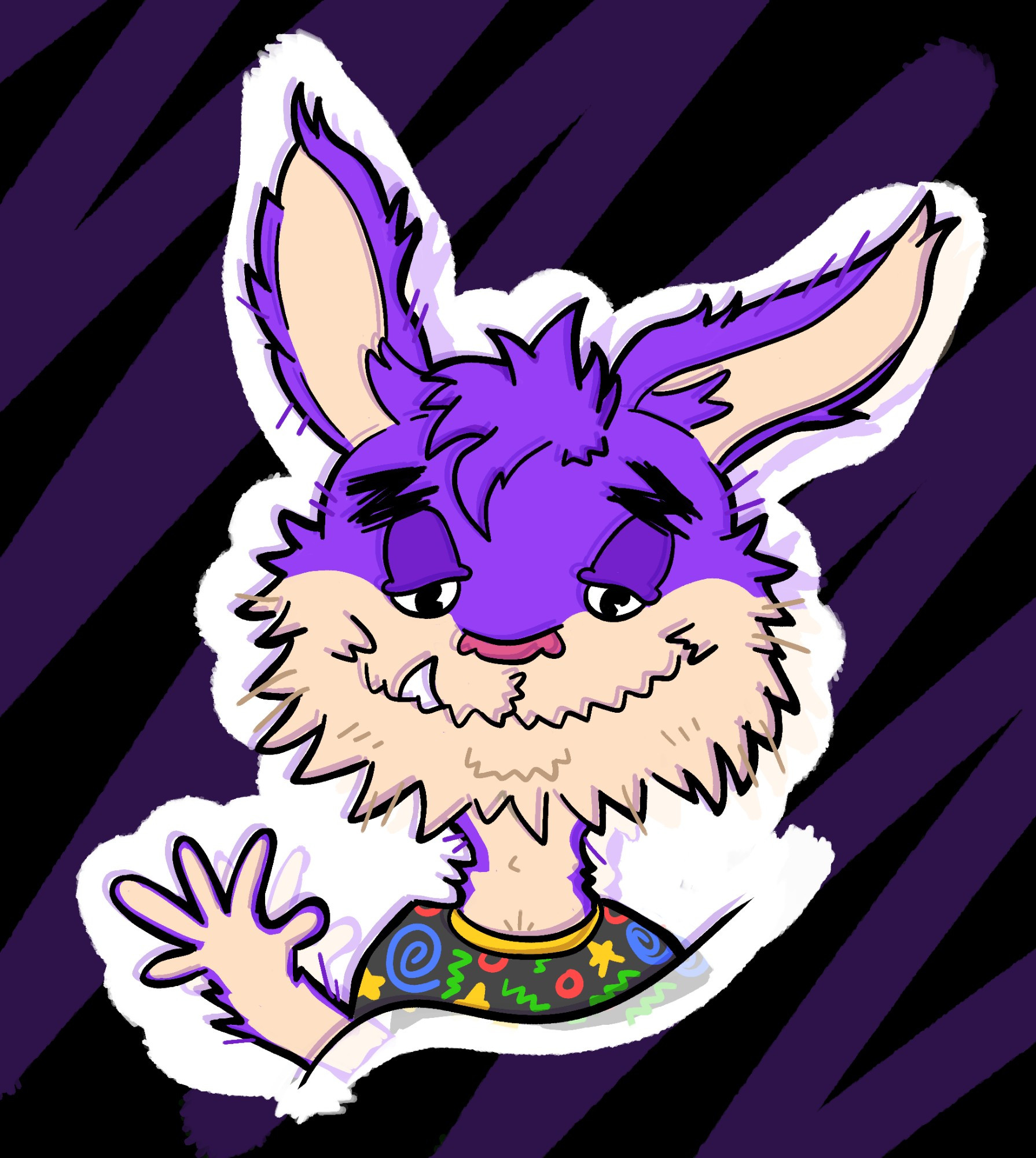 A purple and cream bunny-esque creature waves hi to you. They are rendered in a scruffy, cartoony art style.