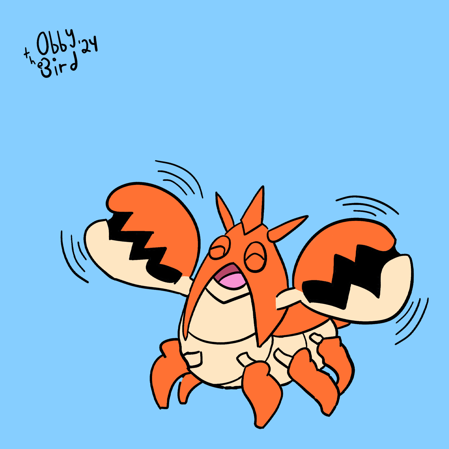 A drawn, happy Corphish, (a crab-like Pokemon), happily shakes its claws.