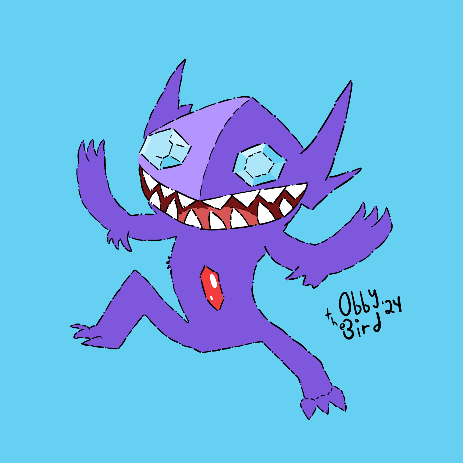 A 2D drawing of a Sableye Pokemon.