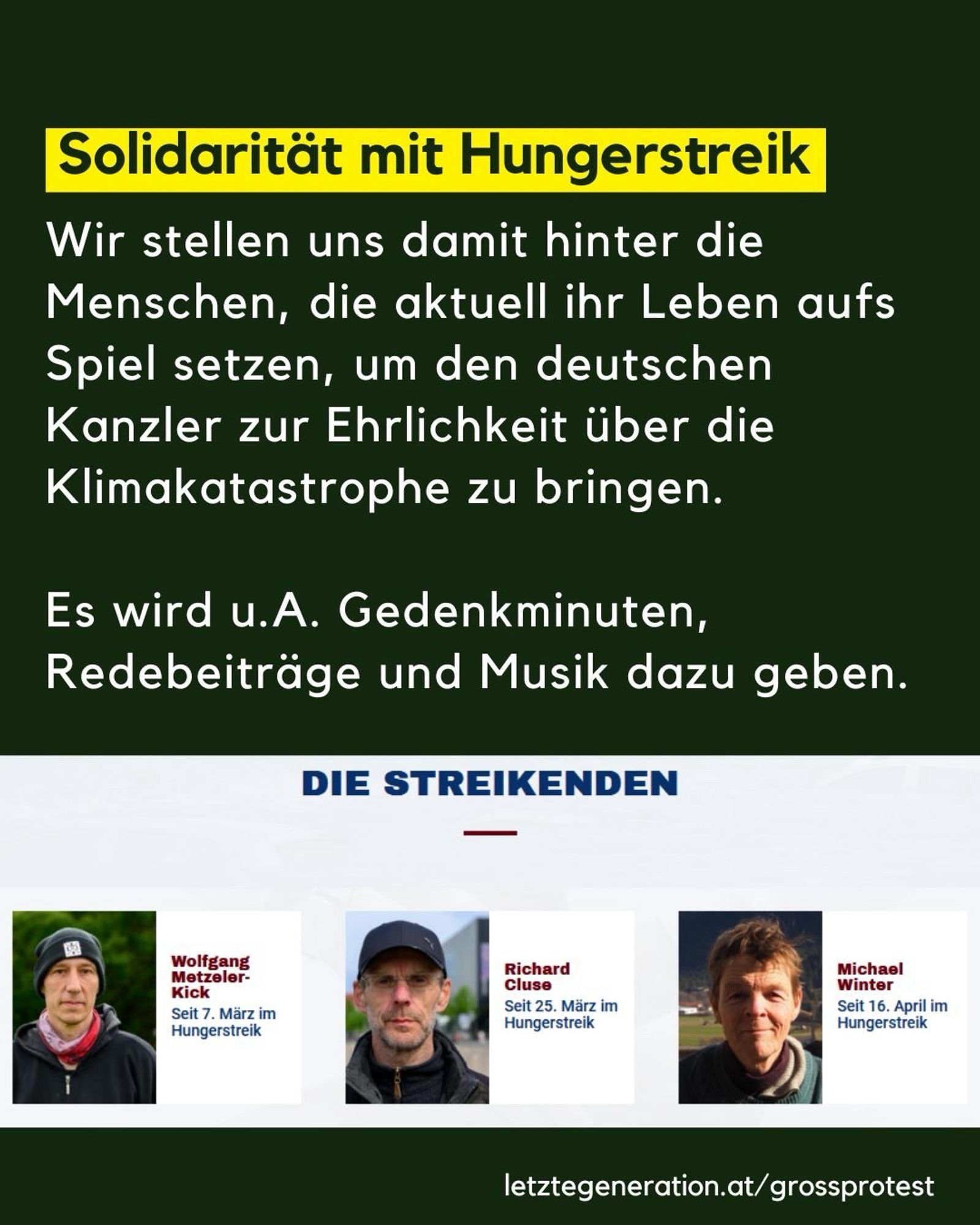 Solidarität mit Hungerstreik
Wir stellen uns damit hinter die Memschen, die aktuell ihr Leben aufs Spiel setzen, um den deutschen Kanzler zur Ehrlichkeit über dir Klimakatastrophe zu bringen.