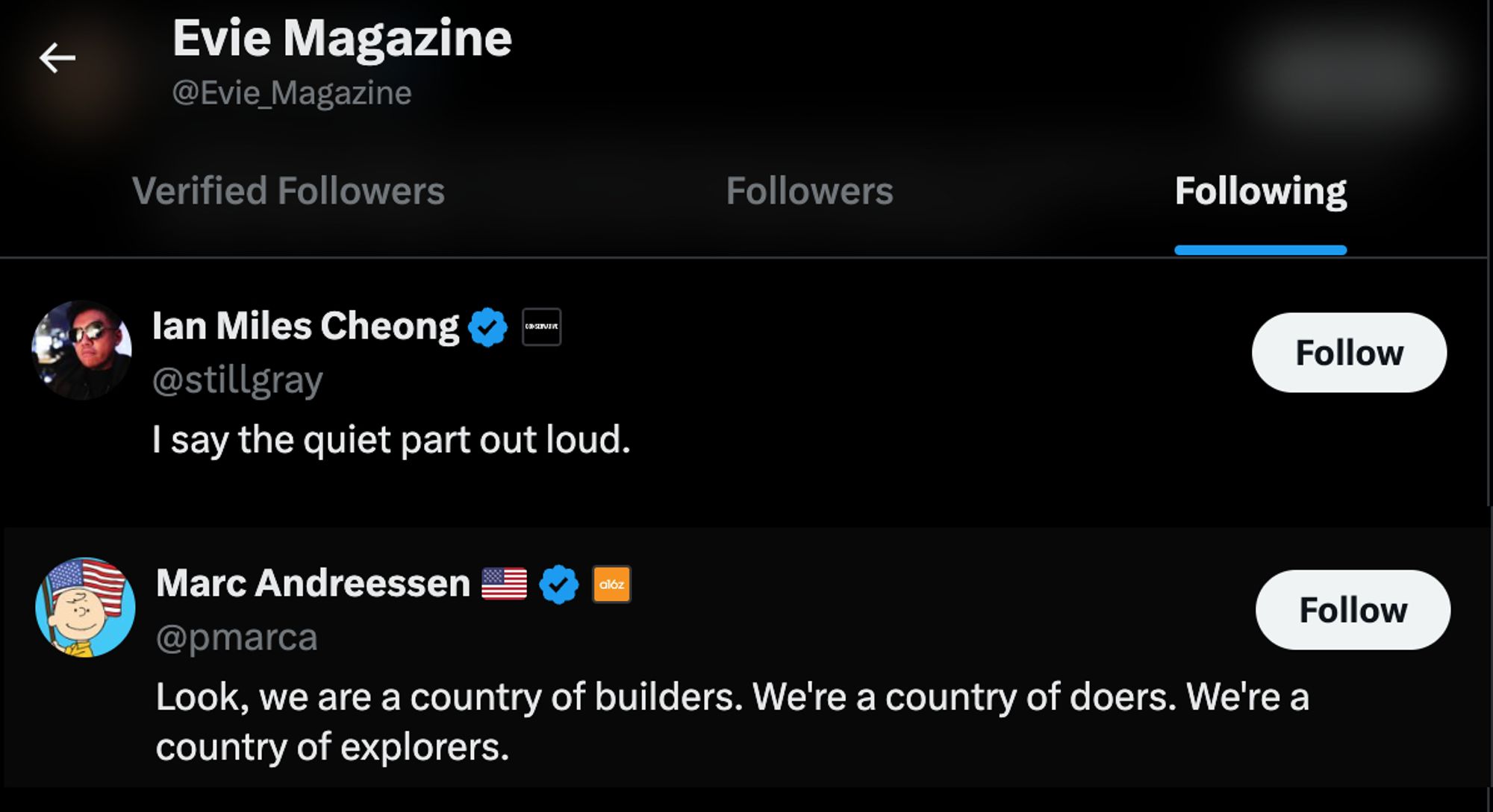 Evie Magazine's Twitter "Following" tab.

First account: Ian Miles Cheong.

Second account: Marc Andreessen.