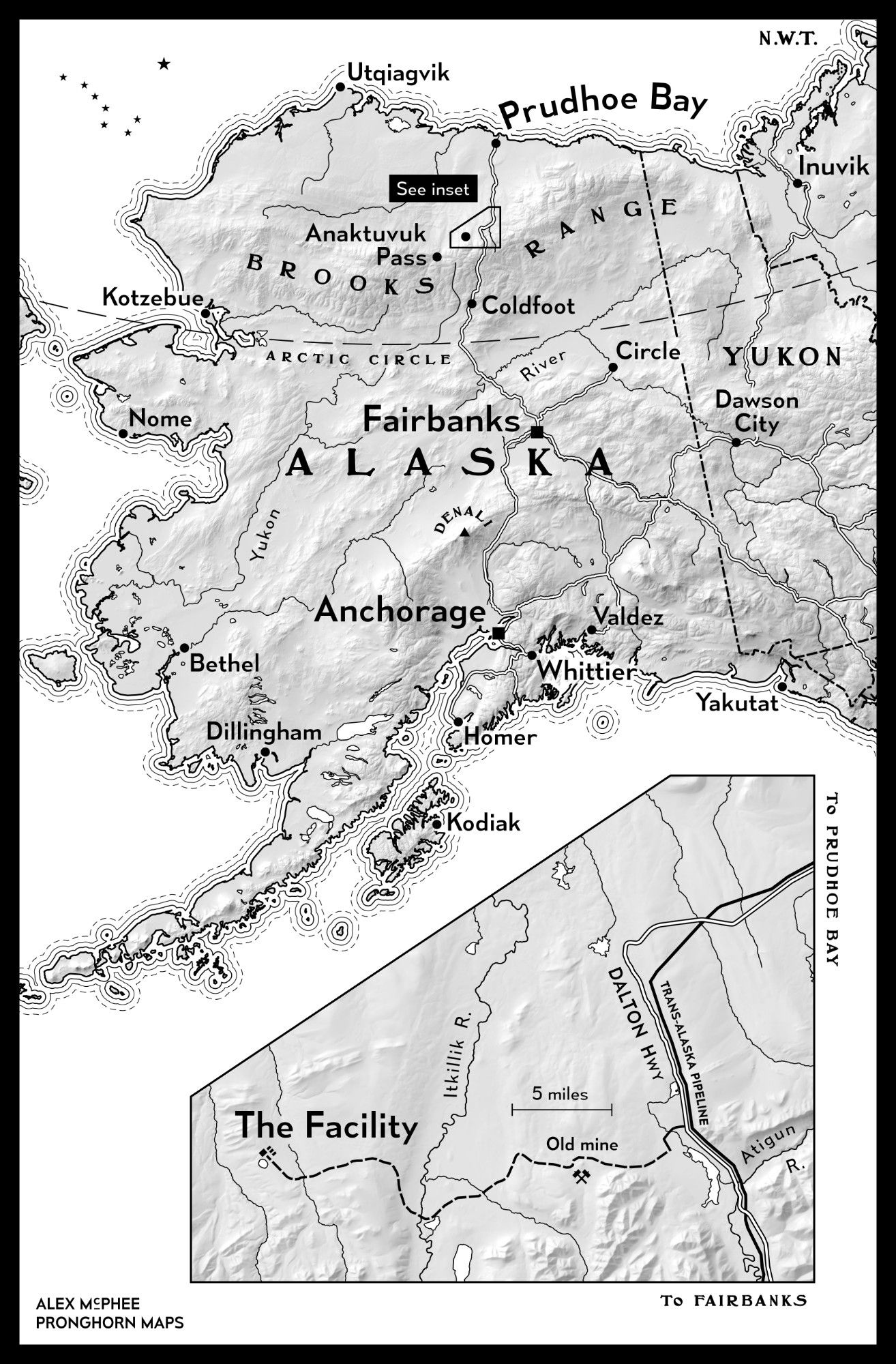 A map of Alaska formatted for publication. In an inset of a location far to the North, deep inside the Arctic Circle, is portrayed
THE FACILITY
No other detail is provided.

1224 MASTER IS COMING