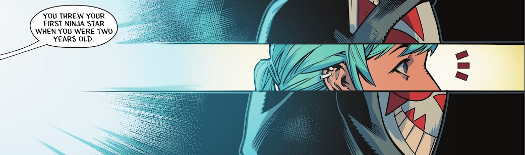 DC comic panel of Lian Harper on a black background with her mask. The mask is split horizontally, showing her eyes, which are wide with surprise. Roy Harper's voice represented by a text bubble behind her reads, "You threw your first ninja start when you were two years old."