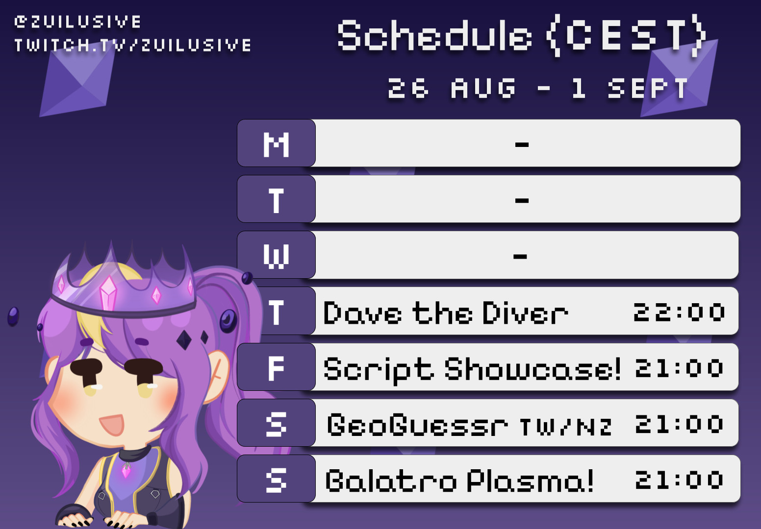 Stream schedule for the week of 26 Aug - 1 Sept! (CEST)
Thurs, 22:00 - Dave the Diver
Fri, 21:00 - Script Showcase + GeoGuessr later
Sat, 21:00 - GeoGuessr TAIWAN / NEW ZEALAND 25K GRIND
Sun, 21:00 - Balatro PLASMA DECK GRIND