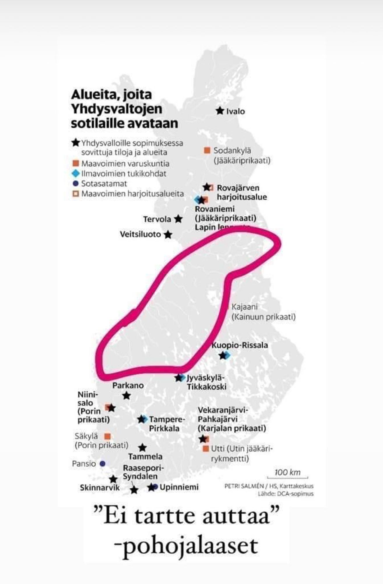 Suomen kartta, jossa alueita, joita Yhdysvaltojen sotilaille avataan. Pohjanmaa ammottaa tyhjyyttään.