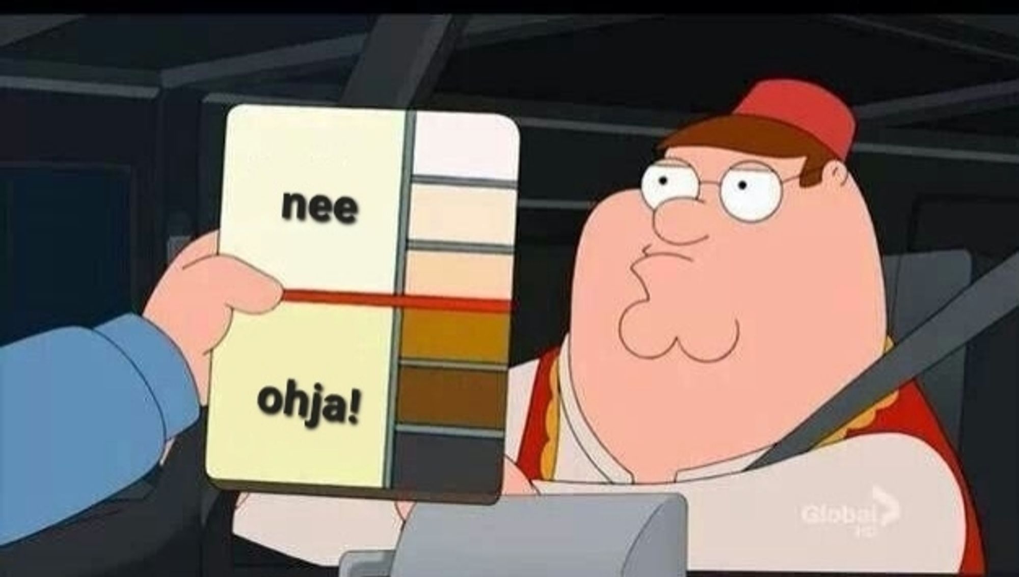 Family Guy Meme wo ein Polizist bei einer Kontrolle einen Hautfarbenchart neben sein Gesicht hält. Helle Hautfarbe: Nee, Dunkel Hautfarbe: Ohja!