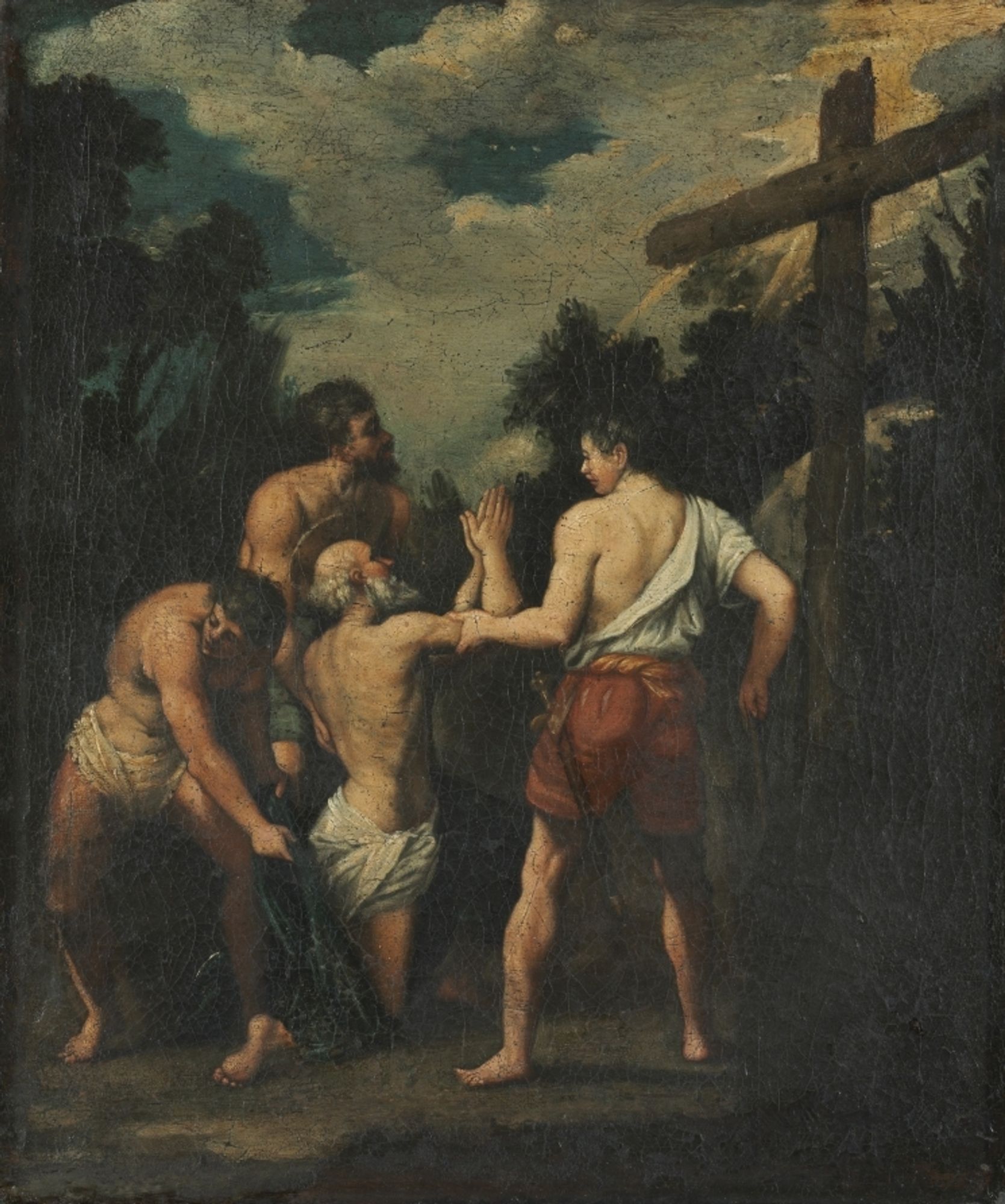 This small devotional picture by an anonymous 17th-century Venetian artist drew his composition from Guido Reni's large St. Andrew Led to Martyrdom fresco in Rome's Church of San Gregorio al Celio. The CMA painting portrays the central image of Reni's 1608 fresco by Reni. St. Andrew and his brother Peter were apostles of Christ and left all of their possessions to follow him. Andrew was martyred in Achaea. He requested to be crucified on the X-shaped cross because Andrew considered himself unworthy of dying on the same cross as Christ. Reni depicted an X-shaped cross in the fresco, while in this painting, the Latin cross is used. The Latin cross was common to Northern art, suggesting that the artist of this painting may have been Venetian. This representation of St. Andrew's martyrdom focuses on St. Andrew's adoration of the cross. The CMA version does not possess the chaos of Reni's larger scene, focusing instead on the central four figures, whereas in the original, a crowd of people surrounds the central group. The figure on the left bends in an unnatural pose and lacks the precision of Reni's original forms, suggesting that this piece is by another artist. The cross, originally seen in the distance, appears in the foreground of the smaller work, brought closer to St. Andrew to emphasize his relationship with God and his acceptance of his coming death.