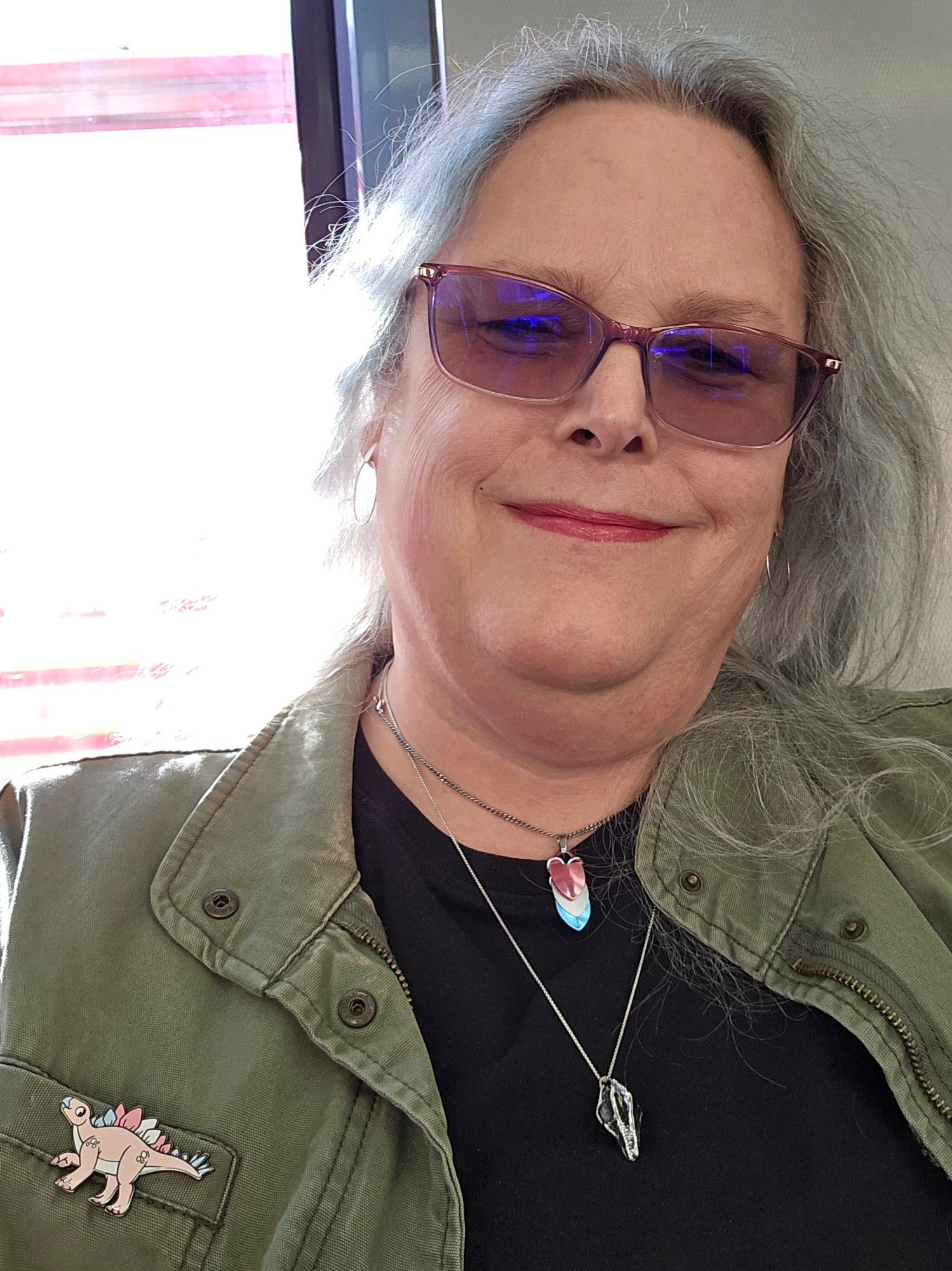 Sitting on the Red Line train, green denim jacket with trans stegosaurus pin, black t-shirt, trans pride and archaeopteryx necklaces.