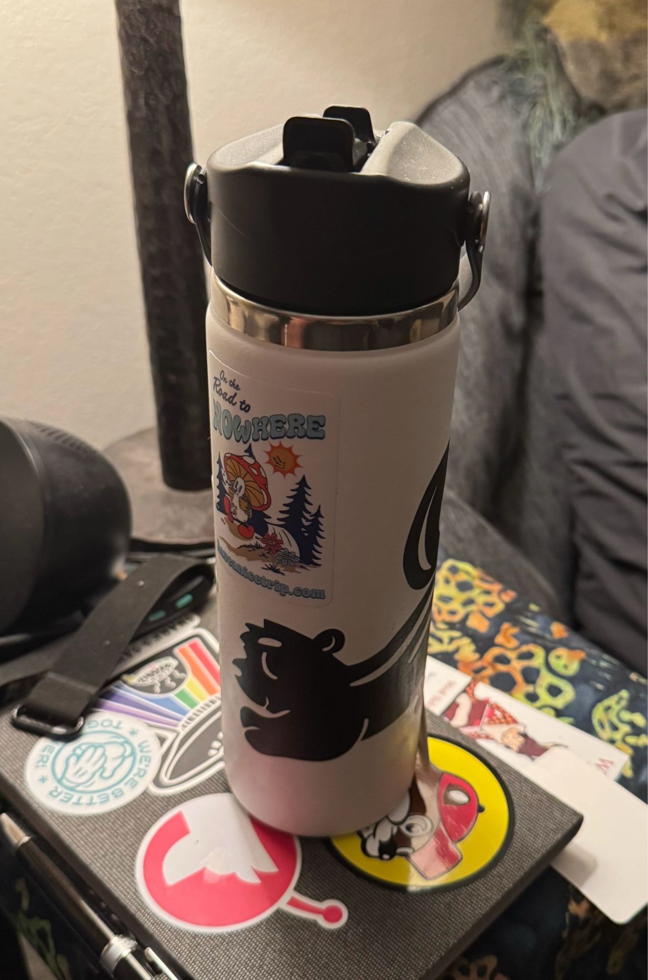 Water bottle with skunk stickers