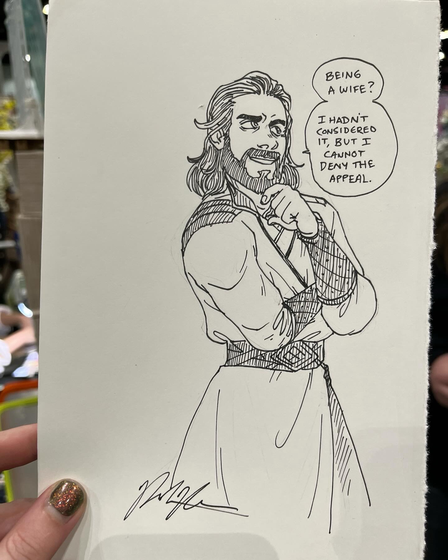 A black and white ink drawing of Gale from BG3 looking amused and contemplative and saying "Being a wife? I hadn't considered it, but I cannot deny the appeal"