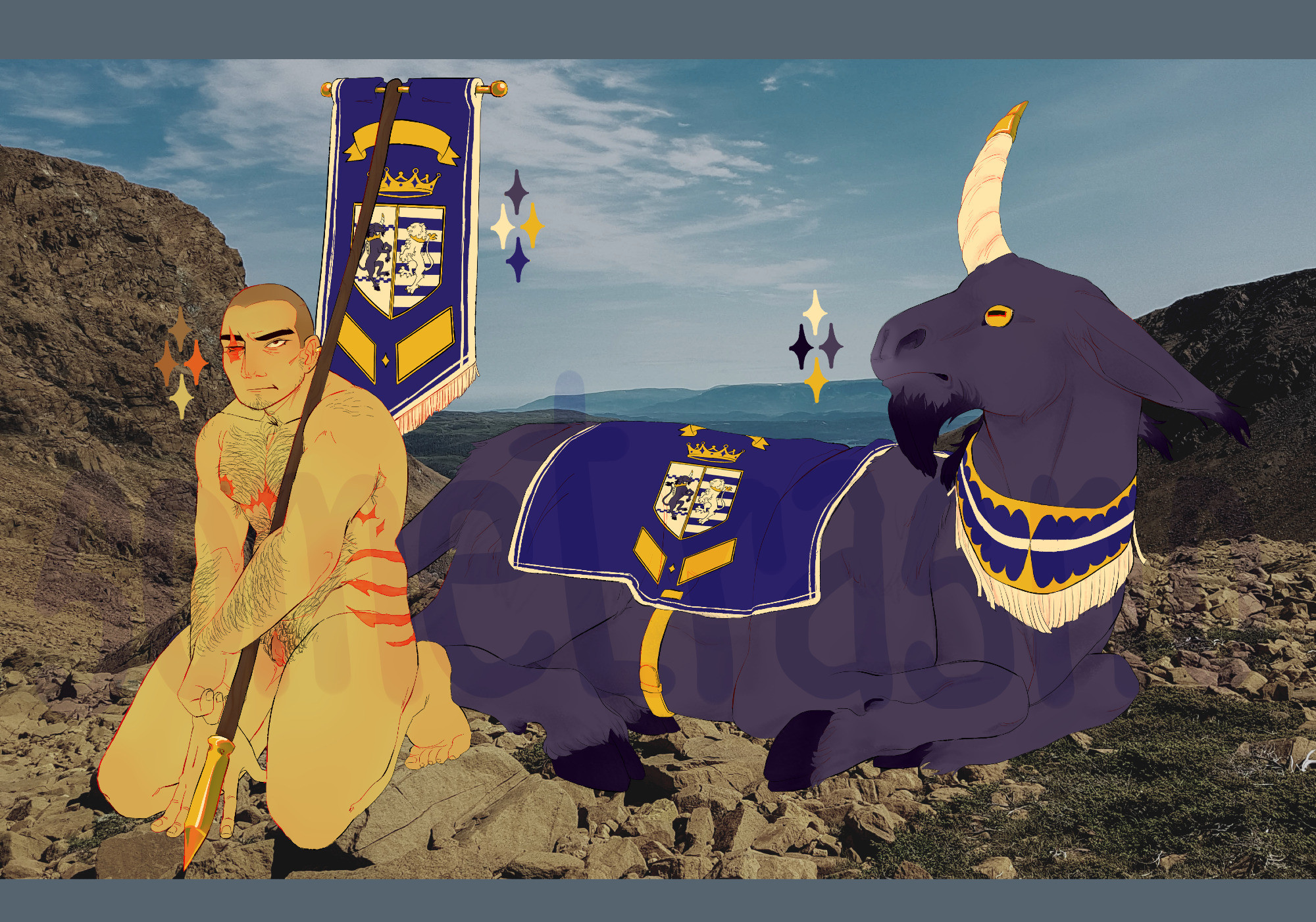 Same image, but the banner carrier is naked. He has a shaved head, and the scar around his missing eye is more visible. He has a vagina and t-clit.