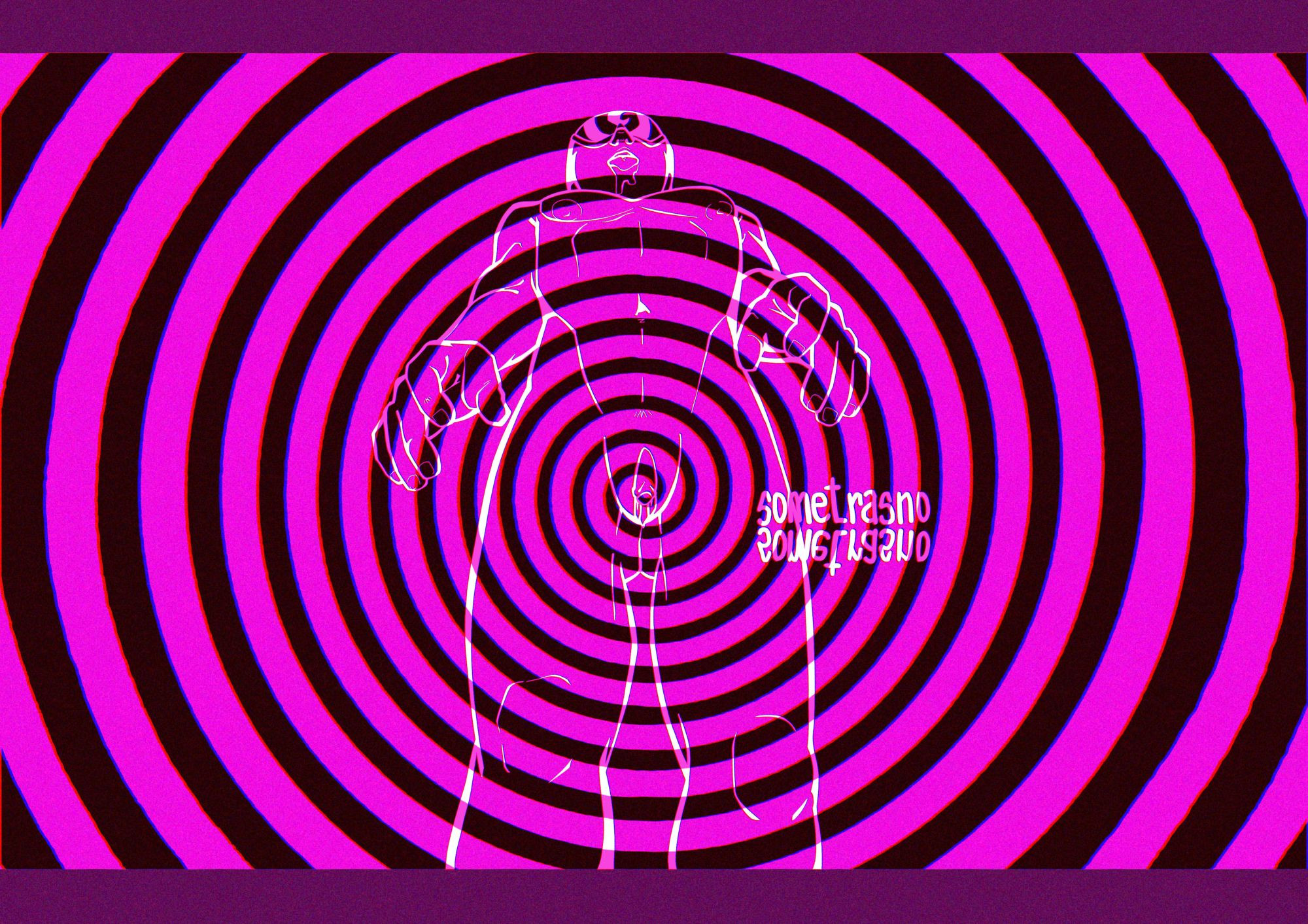 A white line art drawing of a human in a hypnotism headset. They are completely naked, with their arms reaching towards the viewer like a zombie, and they're drooling with their tongue out. They have a pussy and a flat chest. The background is magenta with a black swirl curling around their genitals.