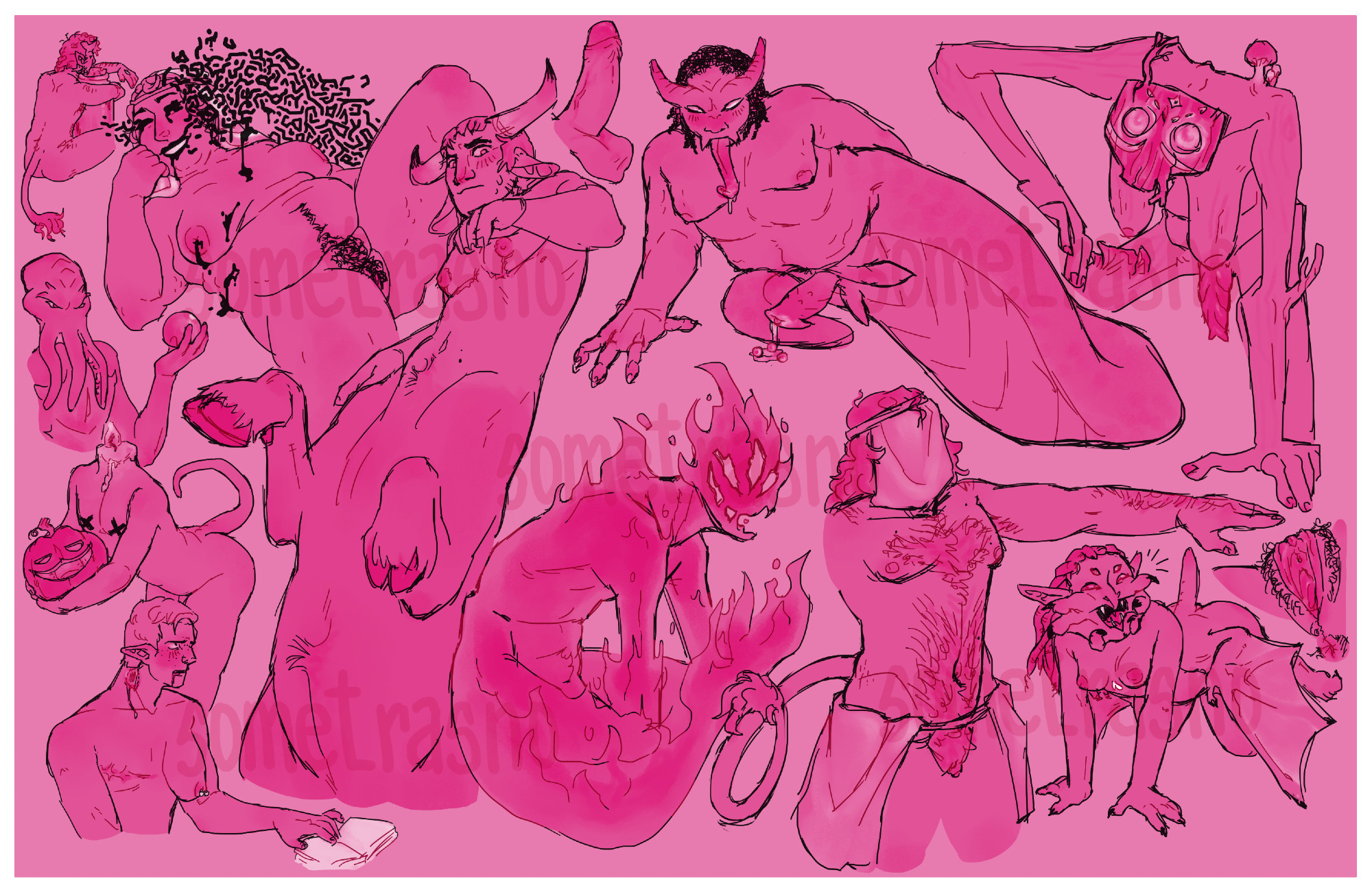 A bunch of sexy monsters drawn in pink. In order: A trasno (a small humanoid with a tail and a hole in its hand) hugging a bottle. An outer-sensorial being morphed into a person. It lies down on its back, legs spread, leaking out of its shell in black matter. A bull taur, rearing with a startled expression. A floating human dick, erect. A naga/siren, looking intensely at the view with its enormous tonge out, dick erect and leaking eggs. A wooden being wearing a mask and growing mushrooms, crouching menancingly towards the viewer. A mind flayer holding an orb. A flame being with three eyes implishly laughing. A humanoid with its face covered and a tail, one arm stretched. A succubus, its mouth is like a face hugger, it has four eyes, it has bat wings on its hips and a little tail. It's on all fours, smiling happily. A disembodied pussy and ass. A headless pumpkin head with its head in its hands. Its neck is a candle and is wearing cross pasties. It also has a tail. A recently transformed vampire, neck wound still bleeding, looking flushed and lost into the distance, its hand in a book as if it forgot to turn the page mid action.