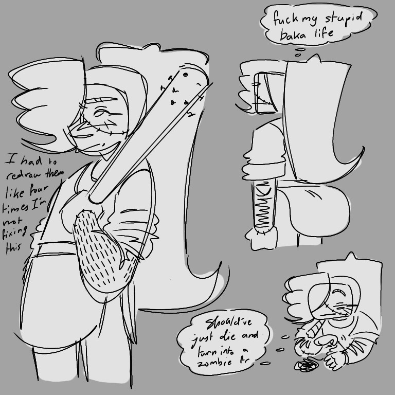 Girl-thing named Crystal. There are three drawings of them and a lot of texts. Top right Crystal is thinking "fuck my stupid baka life", bottom right Crystal is thinking "Should've just die and turn into a zombie for real", and the text beside big Crystal is "I had to redraw them like four times, I'm not fixing this".