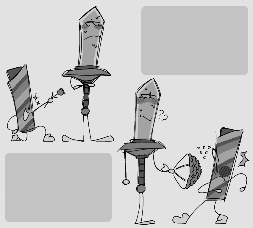 Object show characters, Dagger and Wafer stick, or Waffle stick, I am not too sure. Wafer stick is gifting a flower to Dagger on top left, and Dagger is gifting a bouquet to Wafer stick on bottom right.