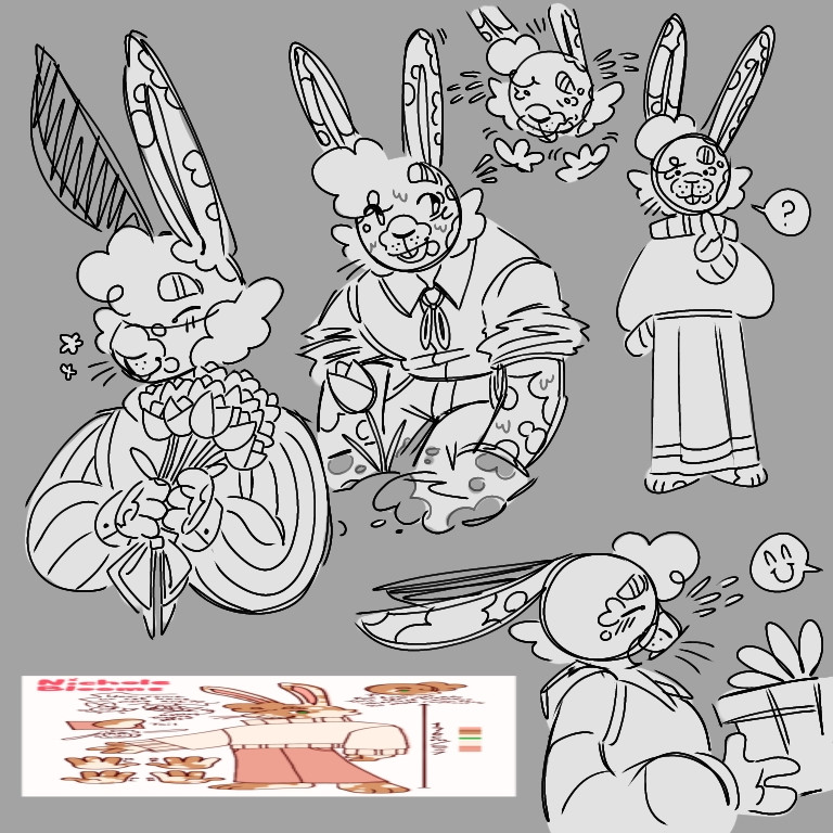 Furry named Nichole Blooms. There is five drawings of him, with a compressed image of his reference sheet in the bottom left corner. Top left Nichole is holding a bouquet of tulips, middle Nichole is planting a tulip, and bottom right Nichole is receiving a gift box.